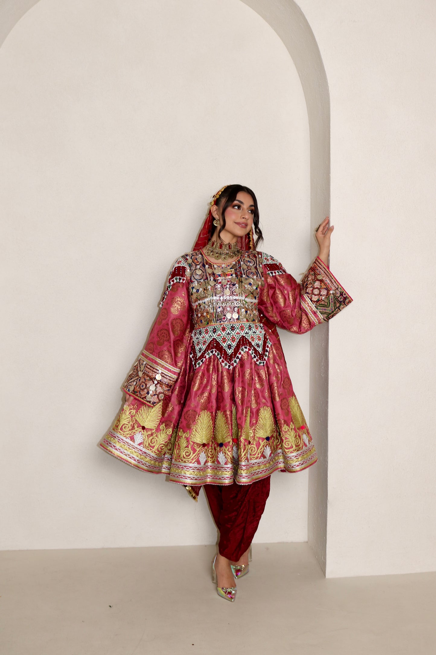 Farzana Afghan Kuchi Dress (pink/maroon)