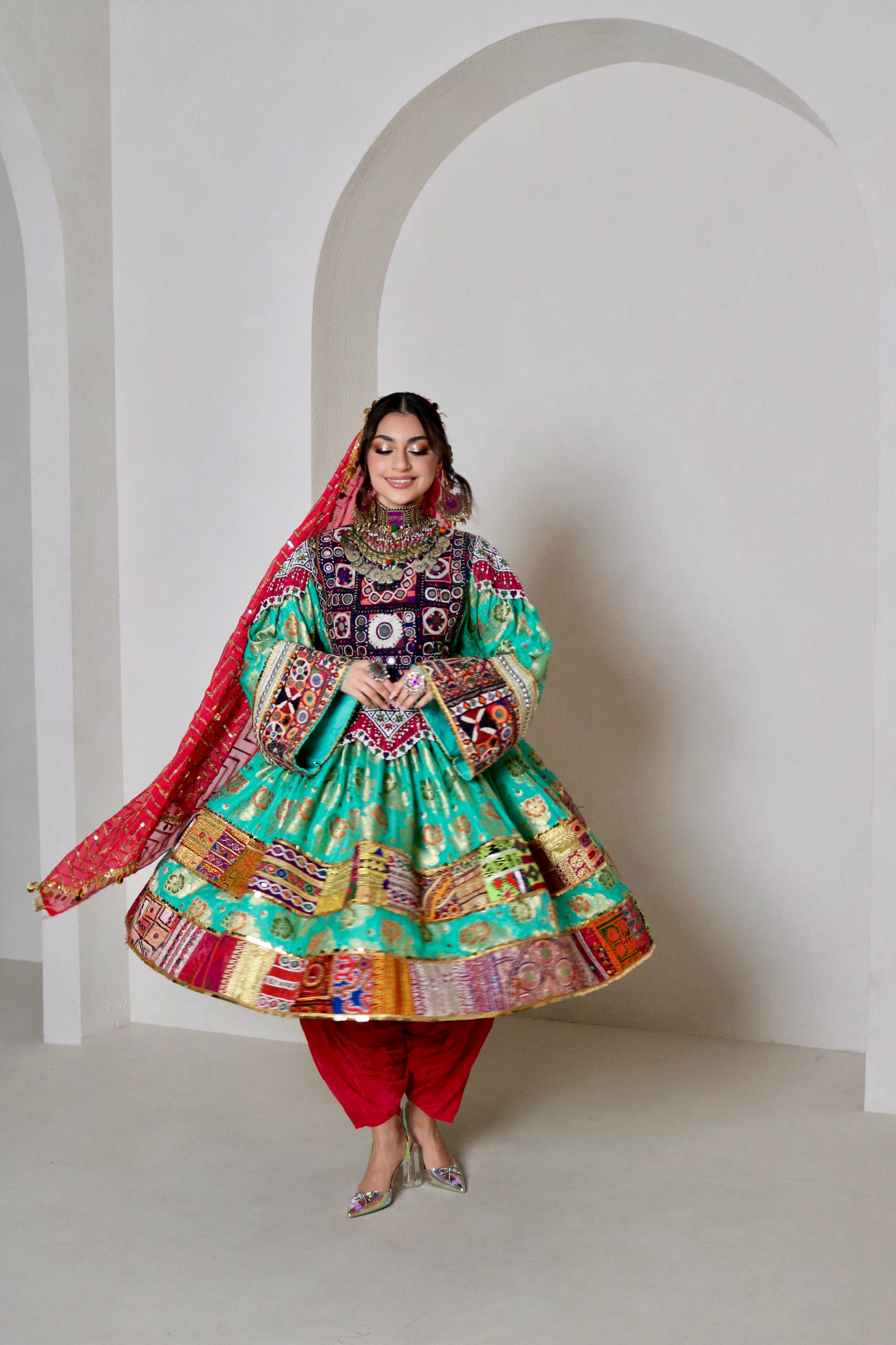 Palwasha Afghan Kuchi Dress (sea green/pink)