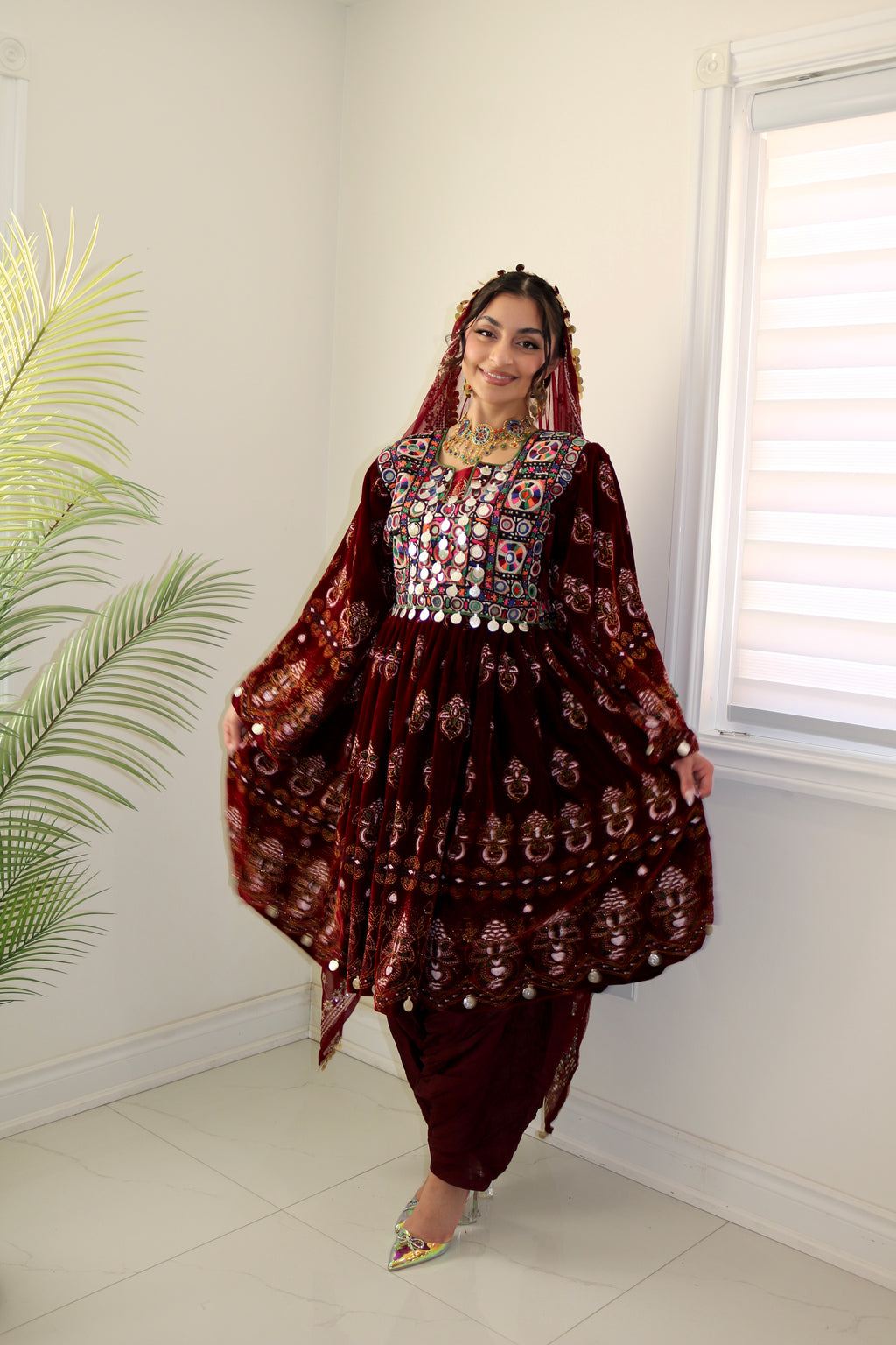 Wahida Afghan Kuchi Dress (maroon)