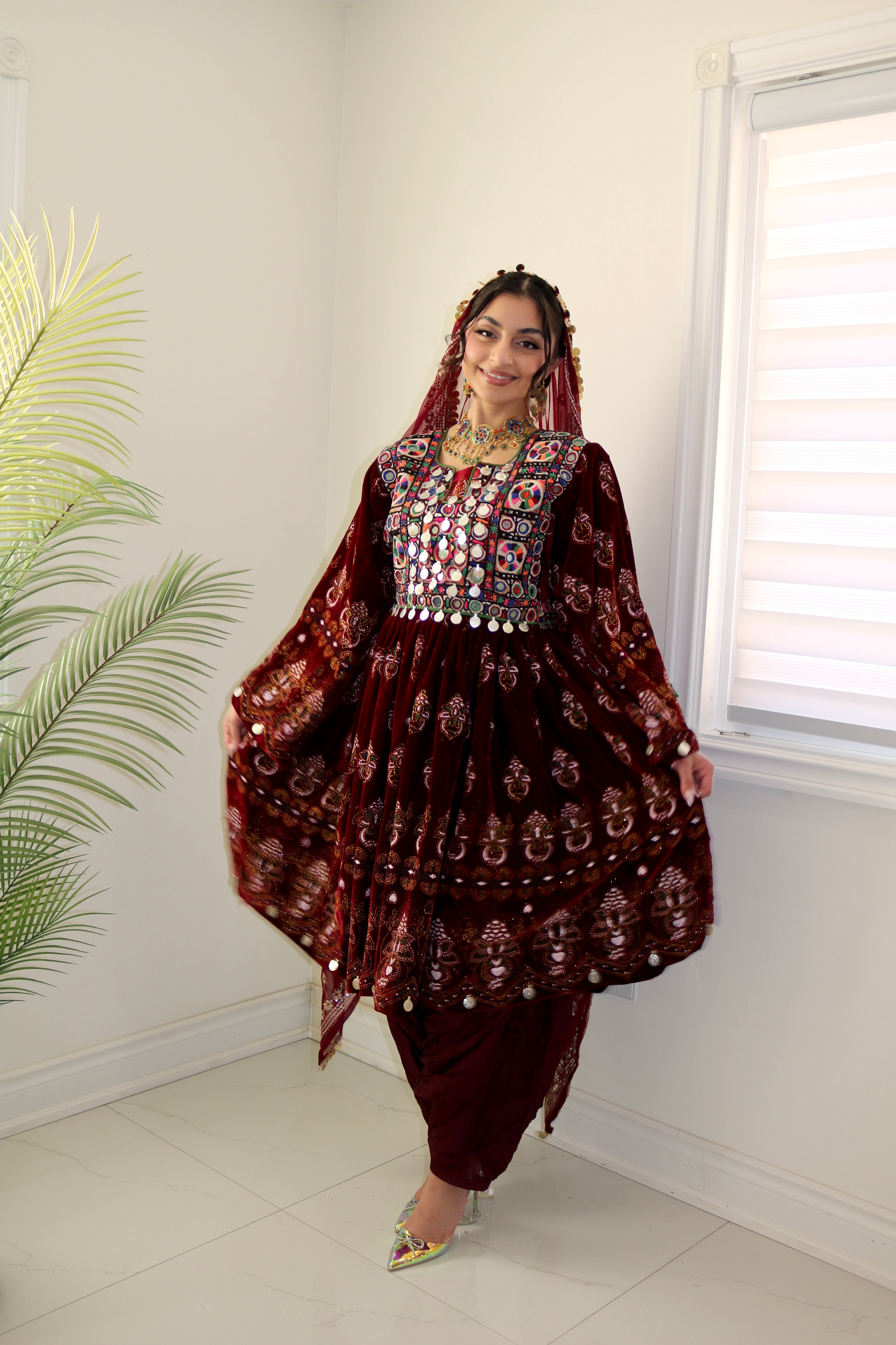 Wahida Afghan Kuchi Dress (maroon)