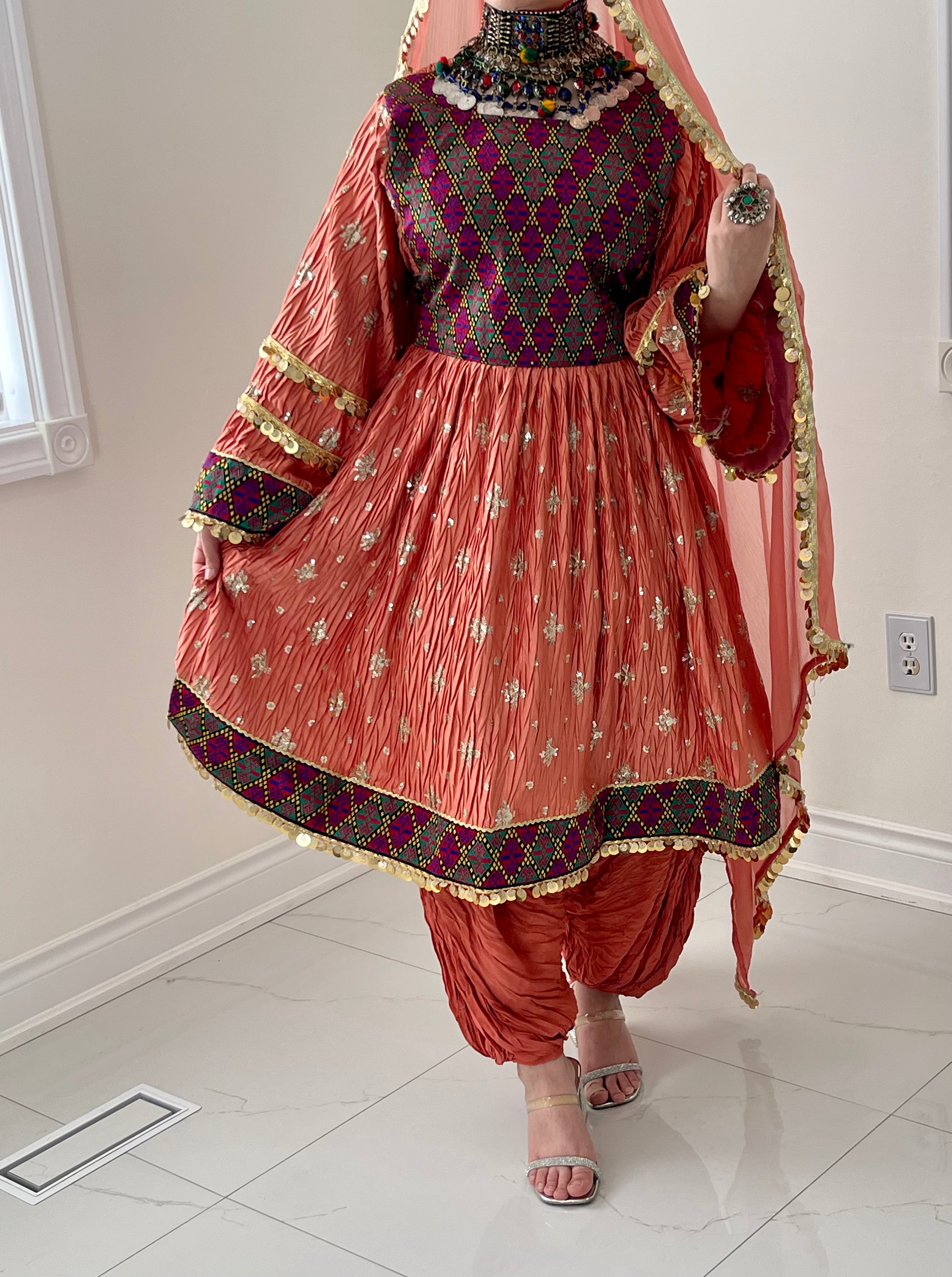 Marwa Afghan Kuchi Dress (Peach)