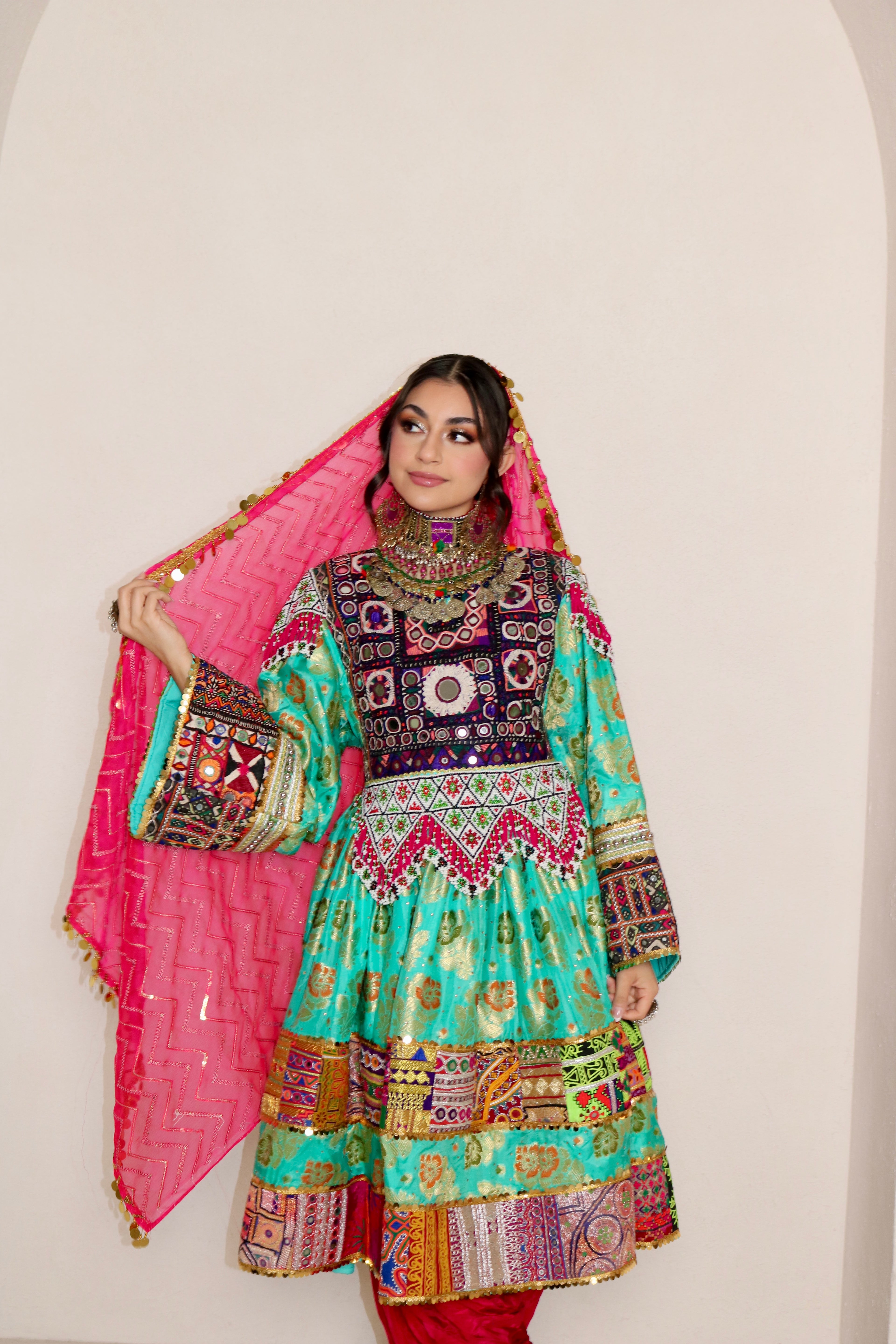 Palwasha Afghan Kuchi Dress (sea green/pink)