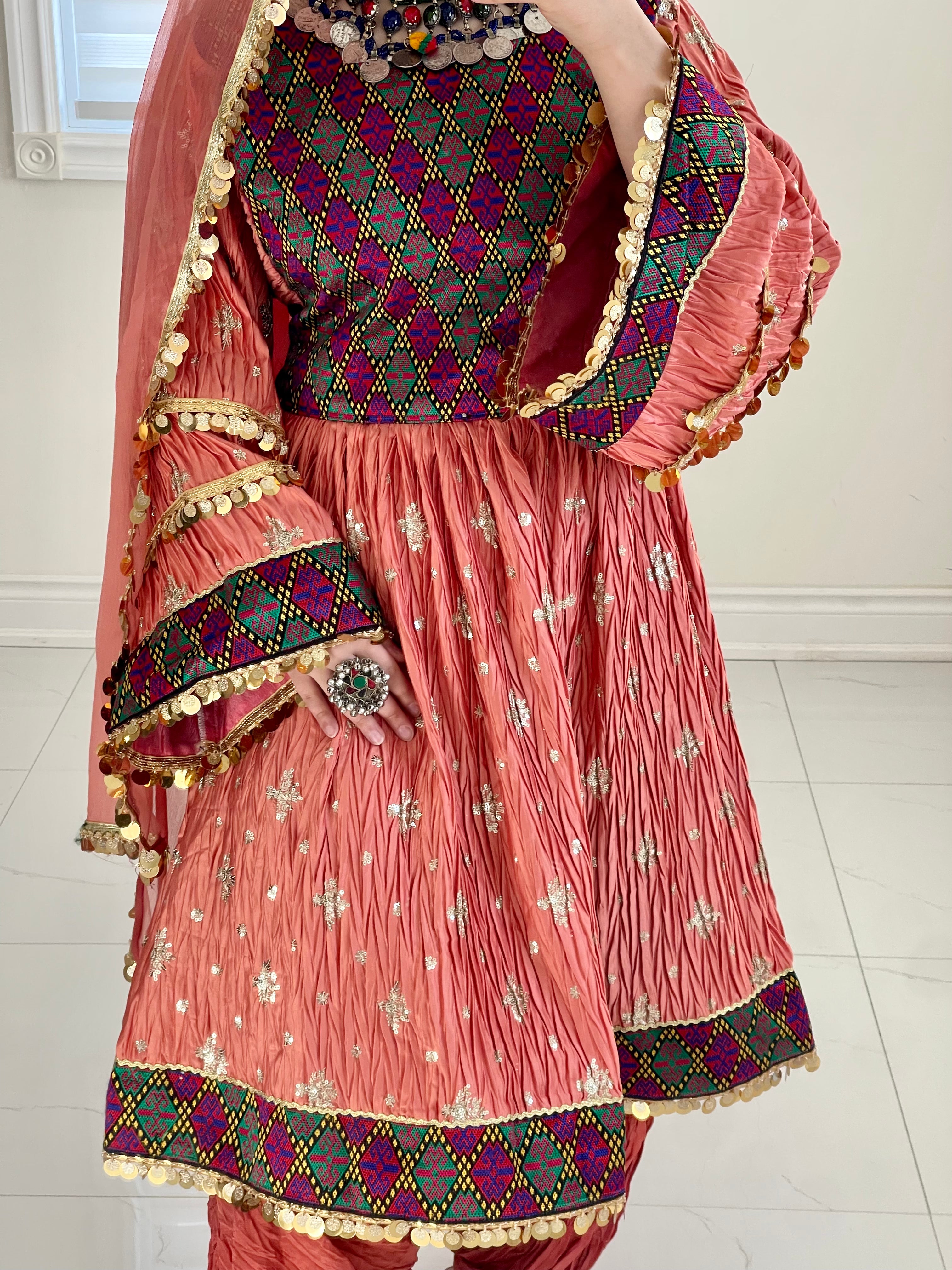 Marwa Afghan Kuchi Dress (Peach)