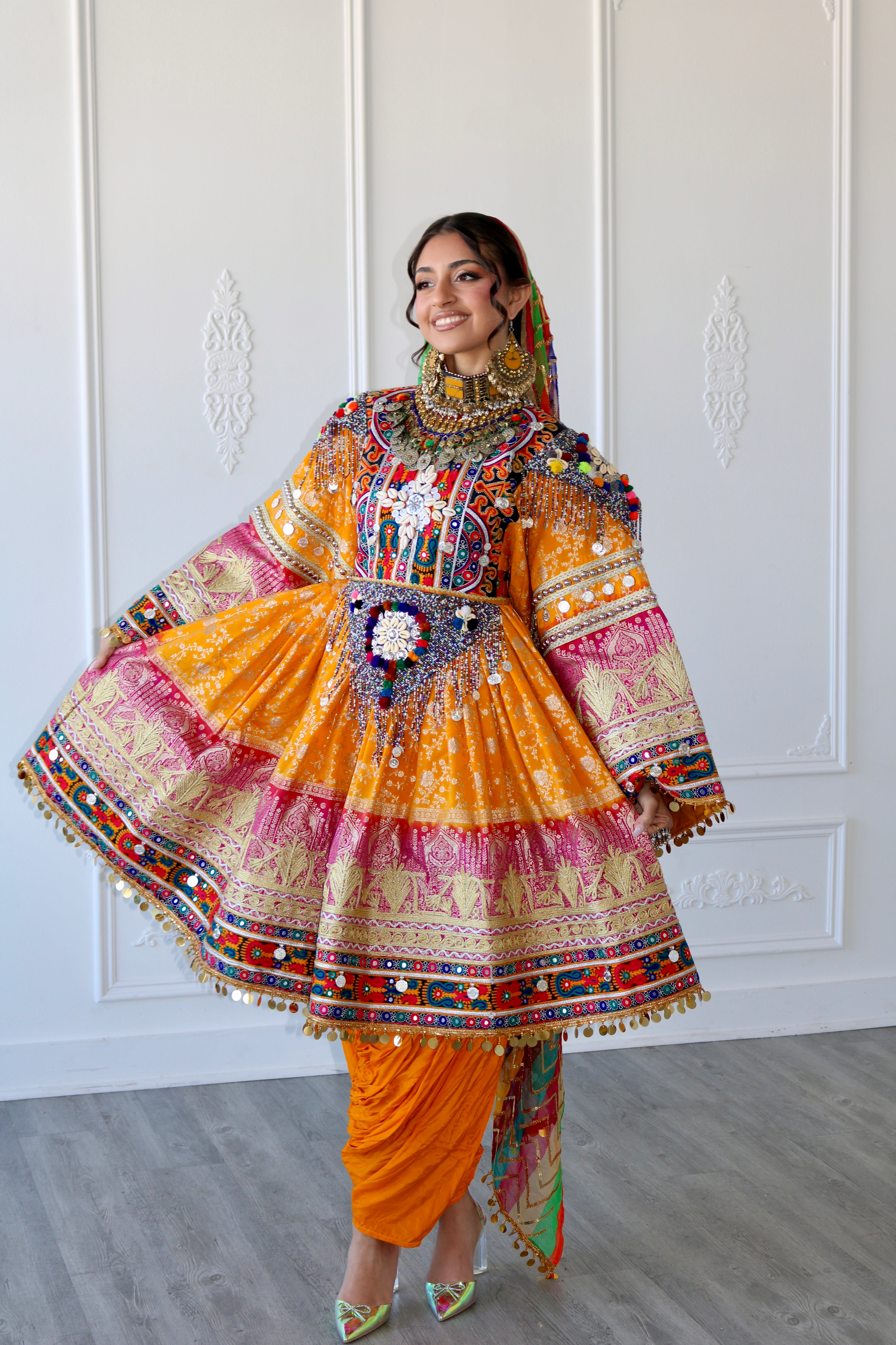 Fazila Afghan Kuchi Dress (pink/ yellow)