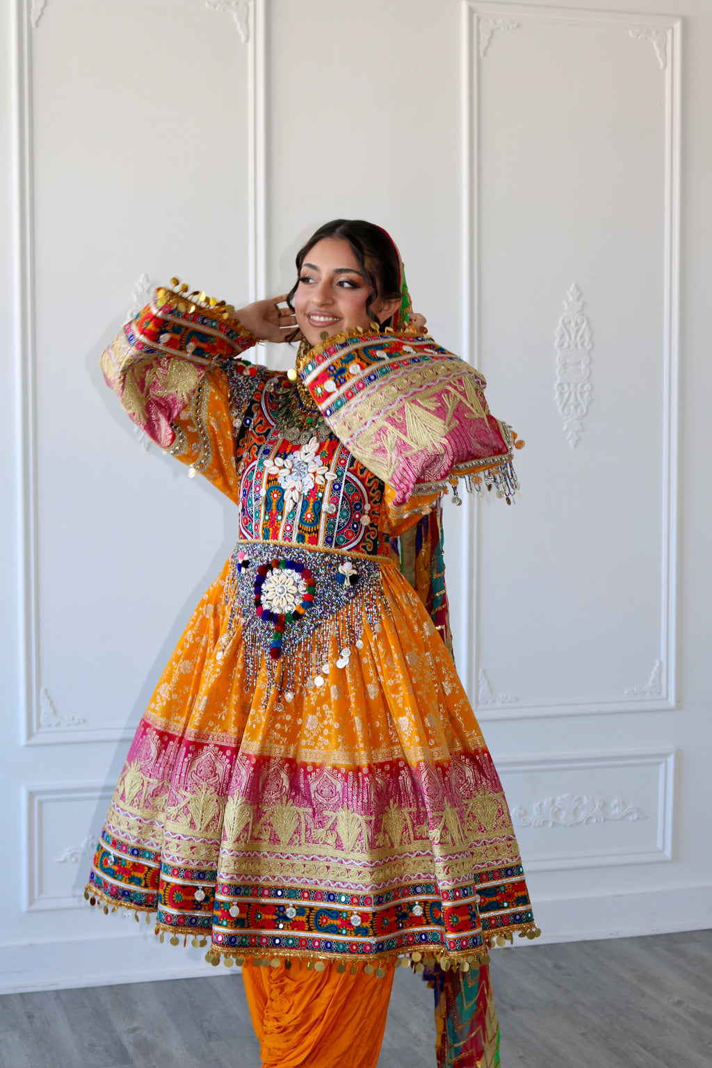 Fazila Afghan Kuchi Dress (pink/ yellow)