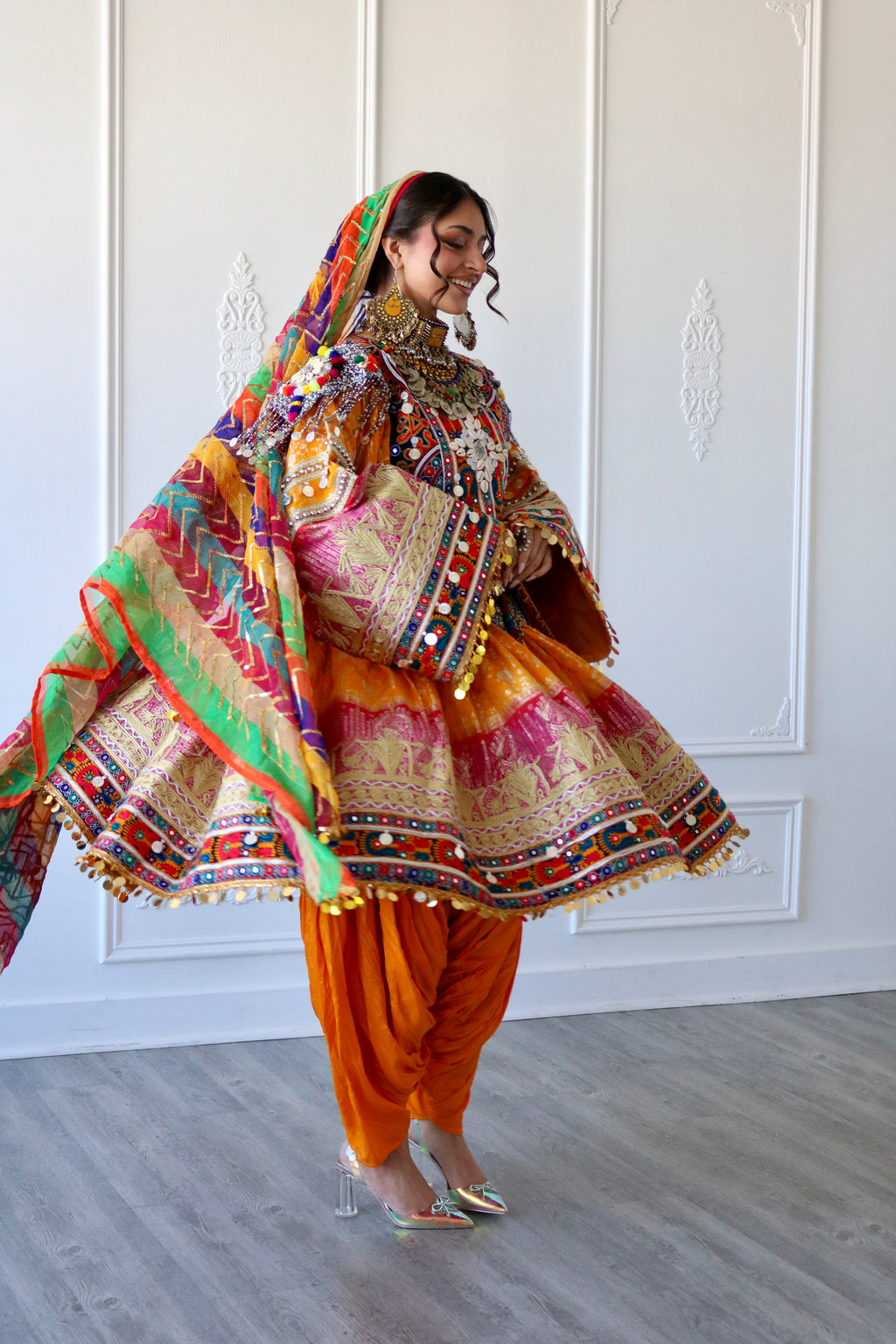 Fazila Afghan Kuchi Dress (pink/ yellow)