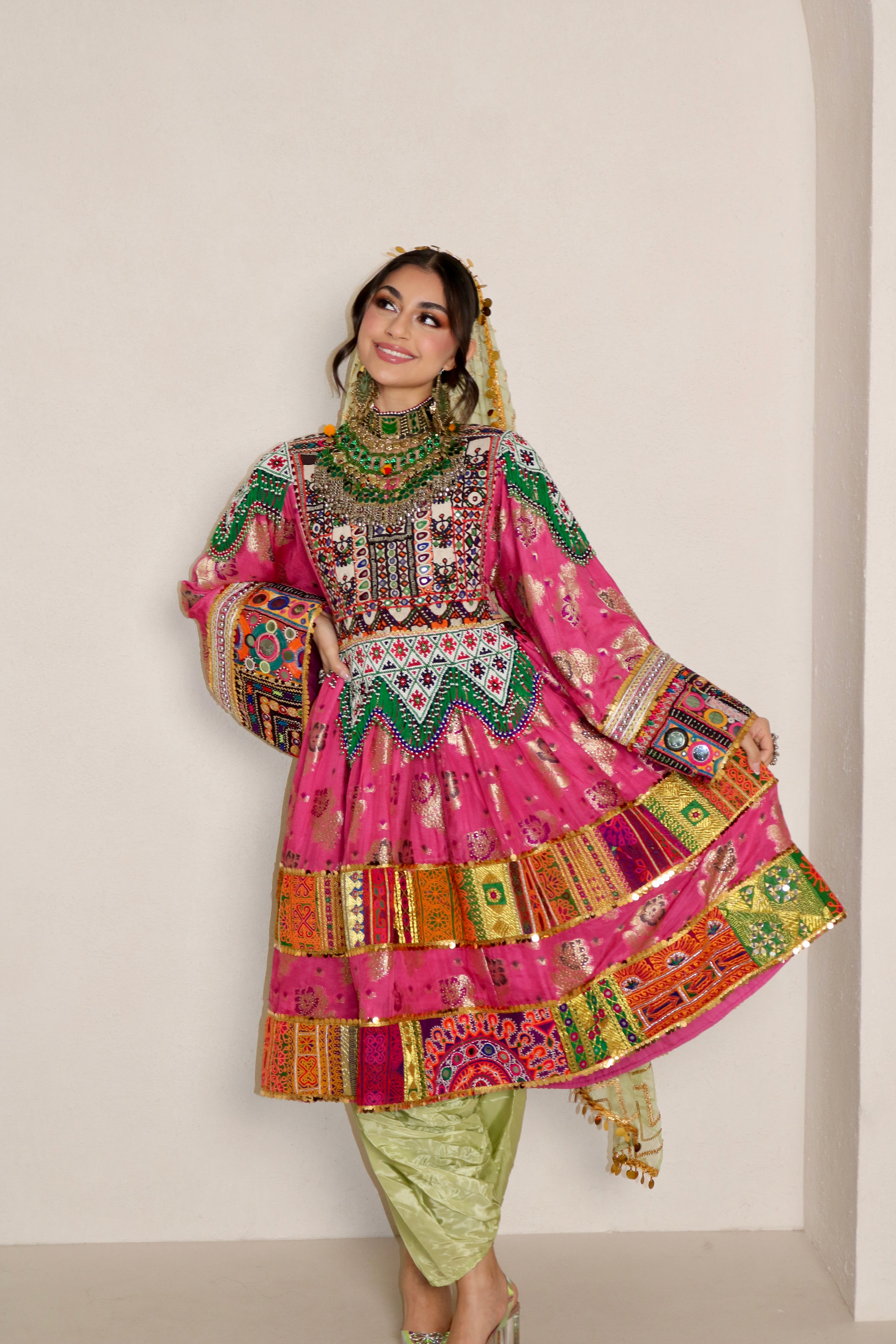 Palwasha Afghan Kuchi Dress (pink/mint green)