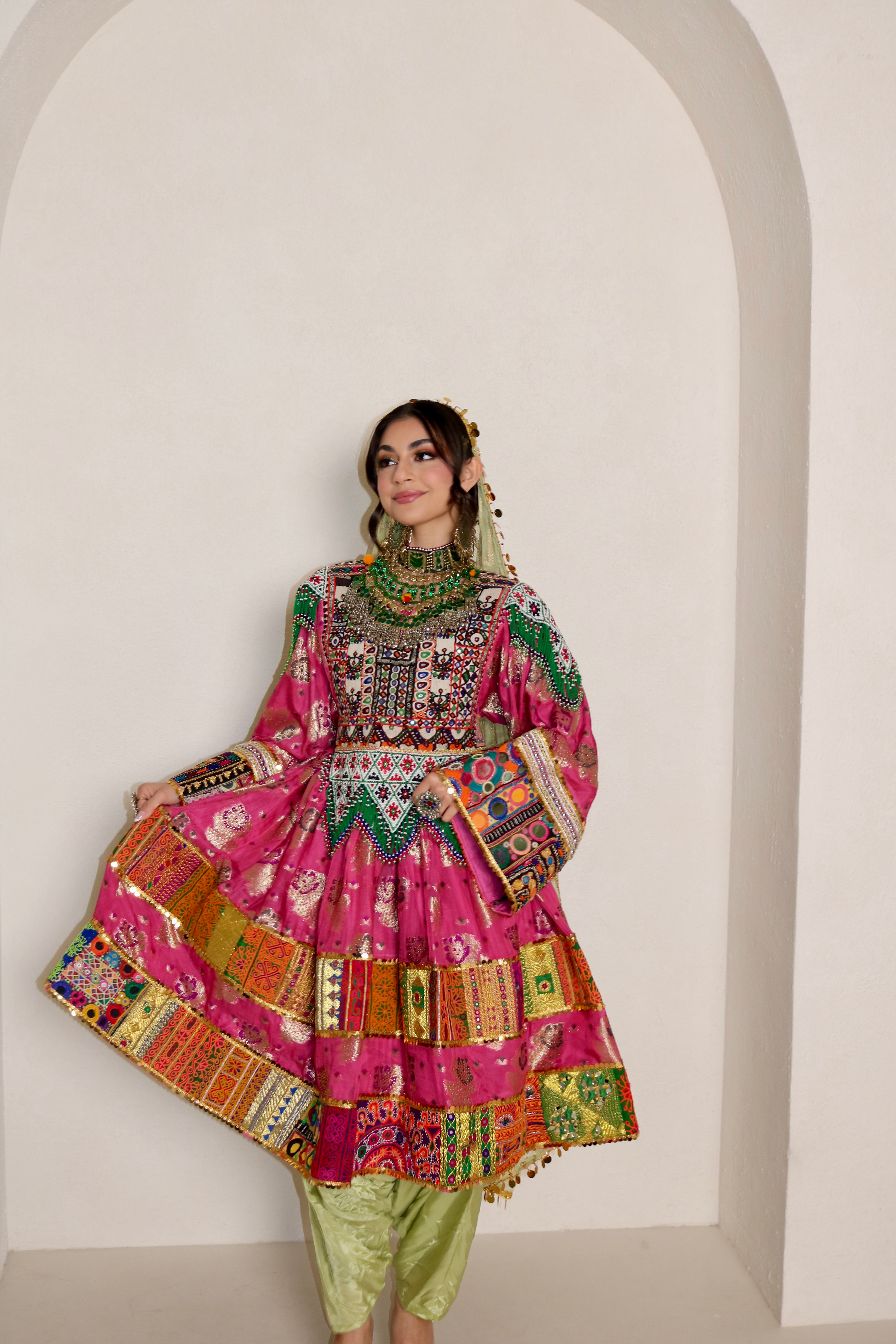 Palwasha Afghan Kuchi Dress (pink/mint green)