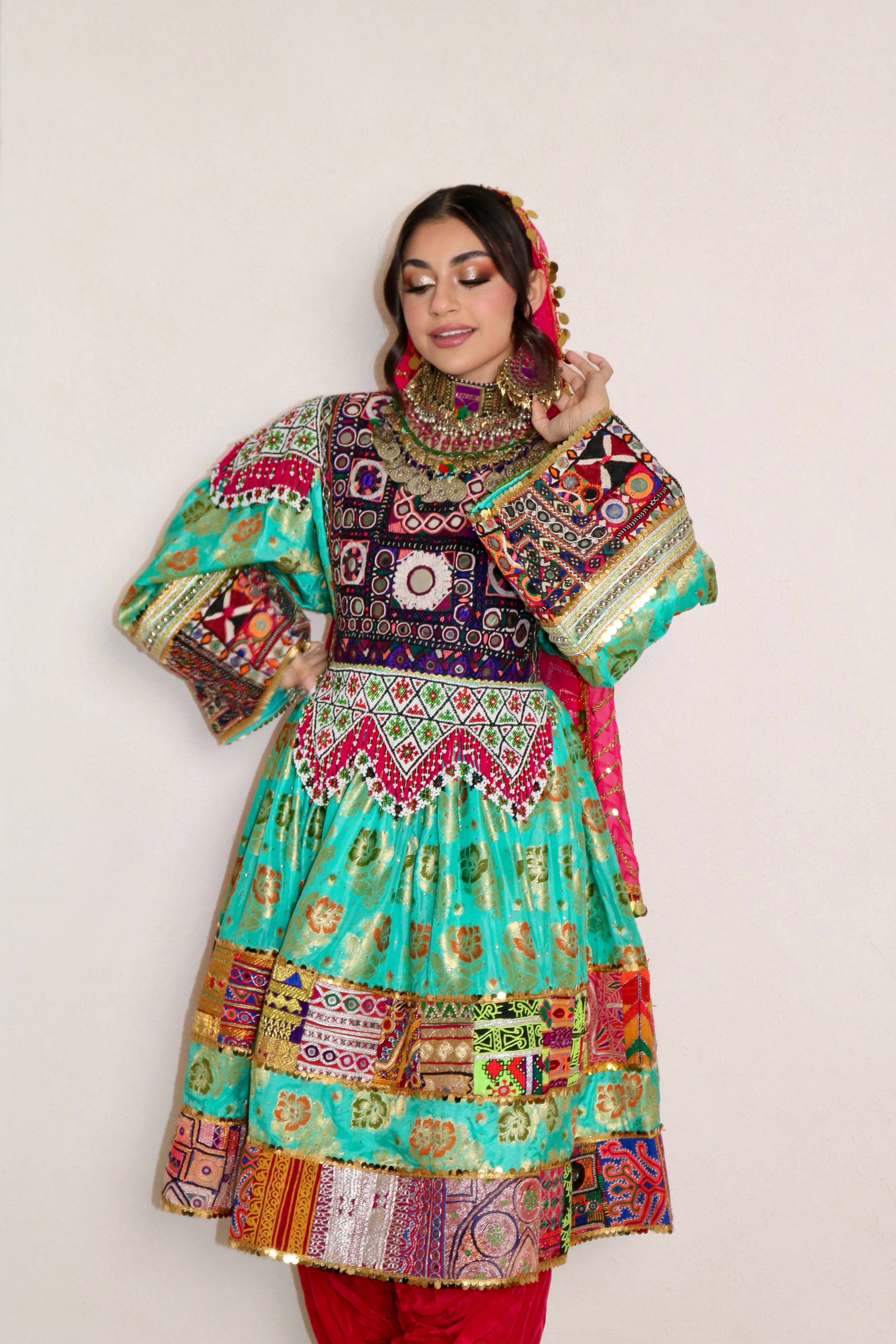 Palwasha Afghan Kuchi Dress (sea green/pink)