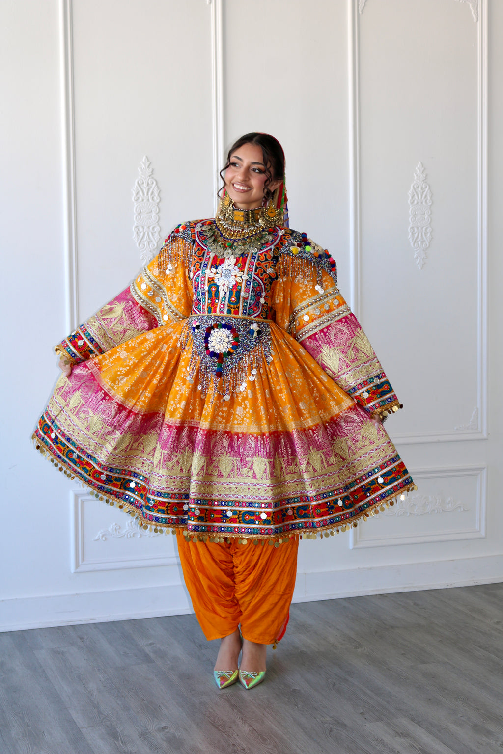 Fazila Afghan Kuchi Dress (pink/ yellow)