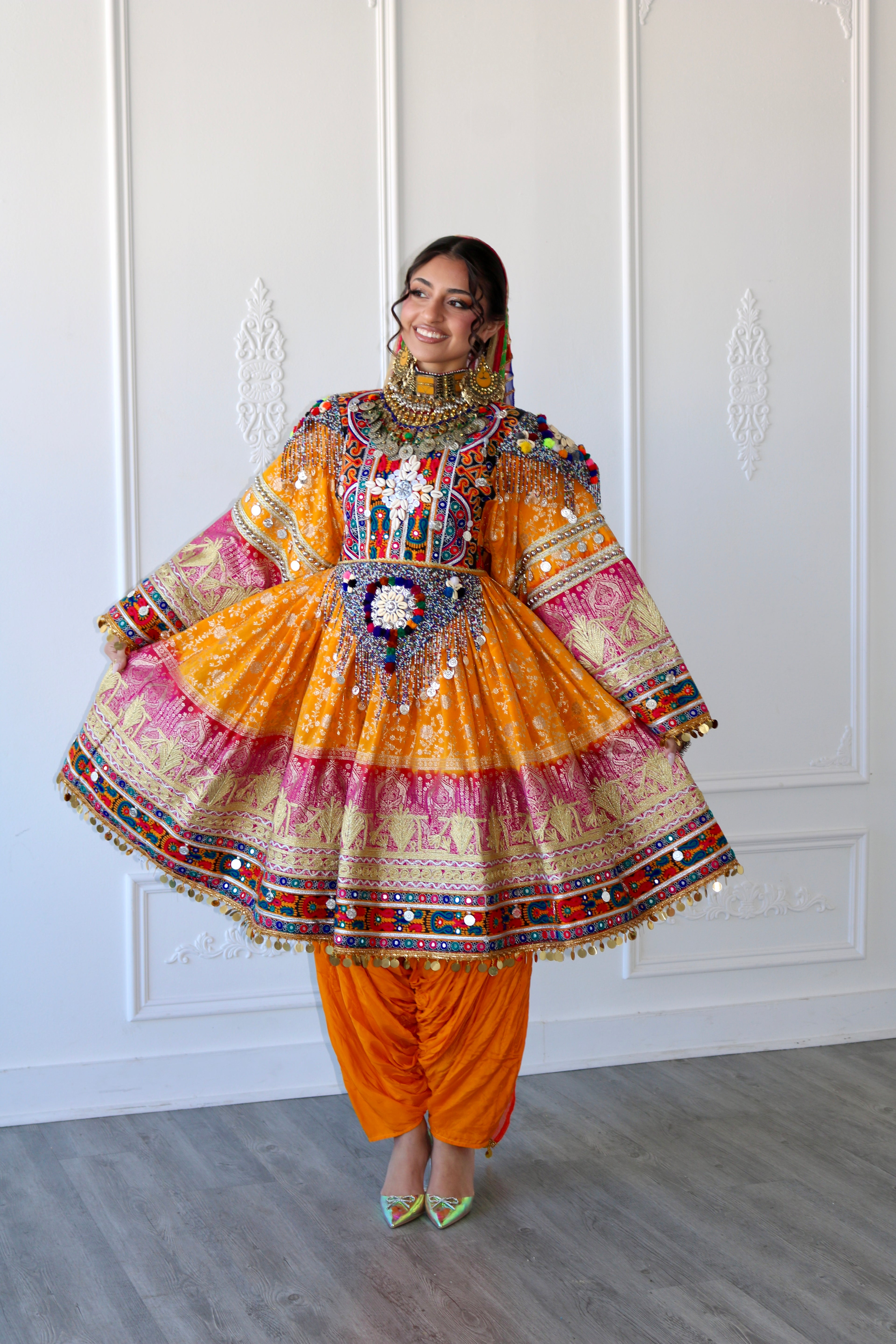 Fazila Afghan Kuchi Dress (pink/ yellow)