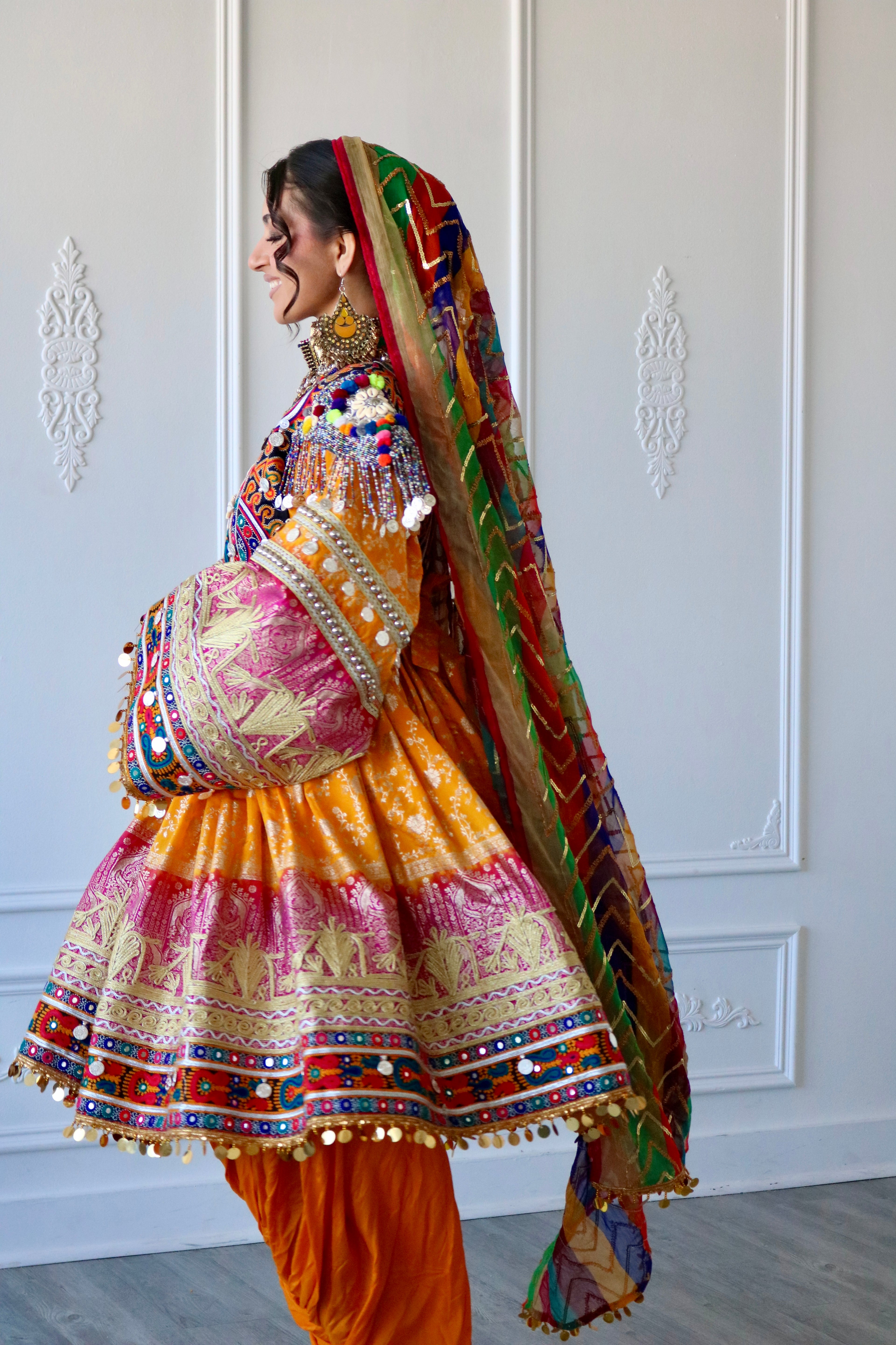 Fazila Afghan Kuchi Dress (pink/ yellow)