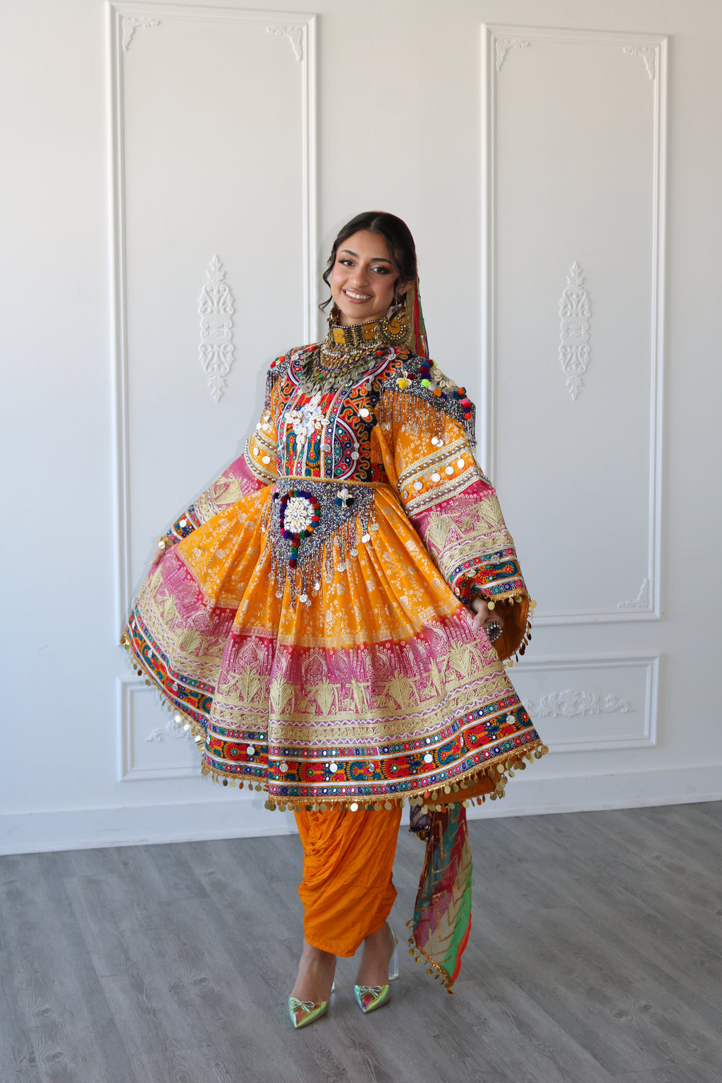 Fazila Afghan Kuchi Dress (pink/ yellow)