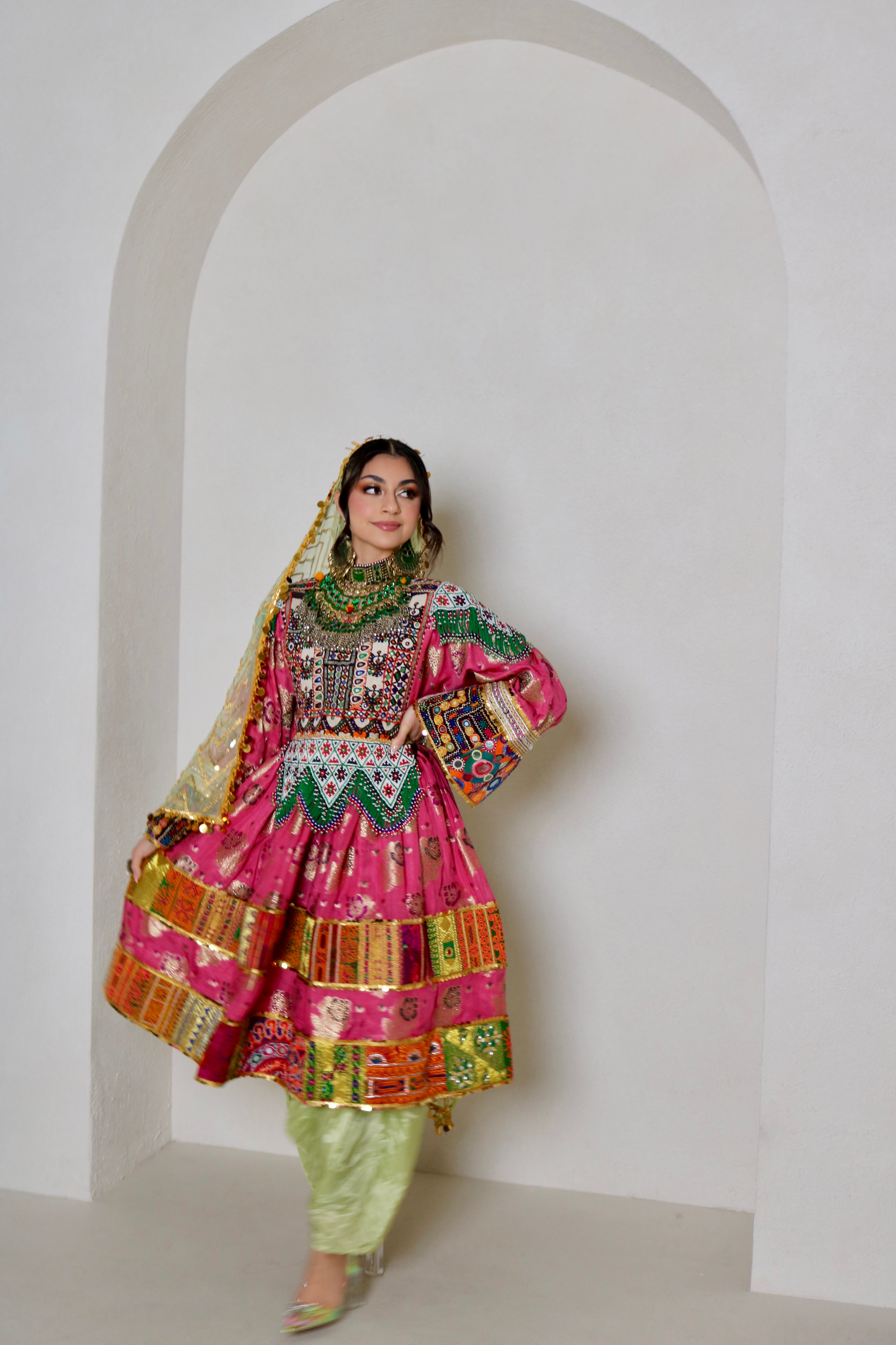 Palwasha Afghan Kuchi Dress (pink/mint green)