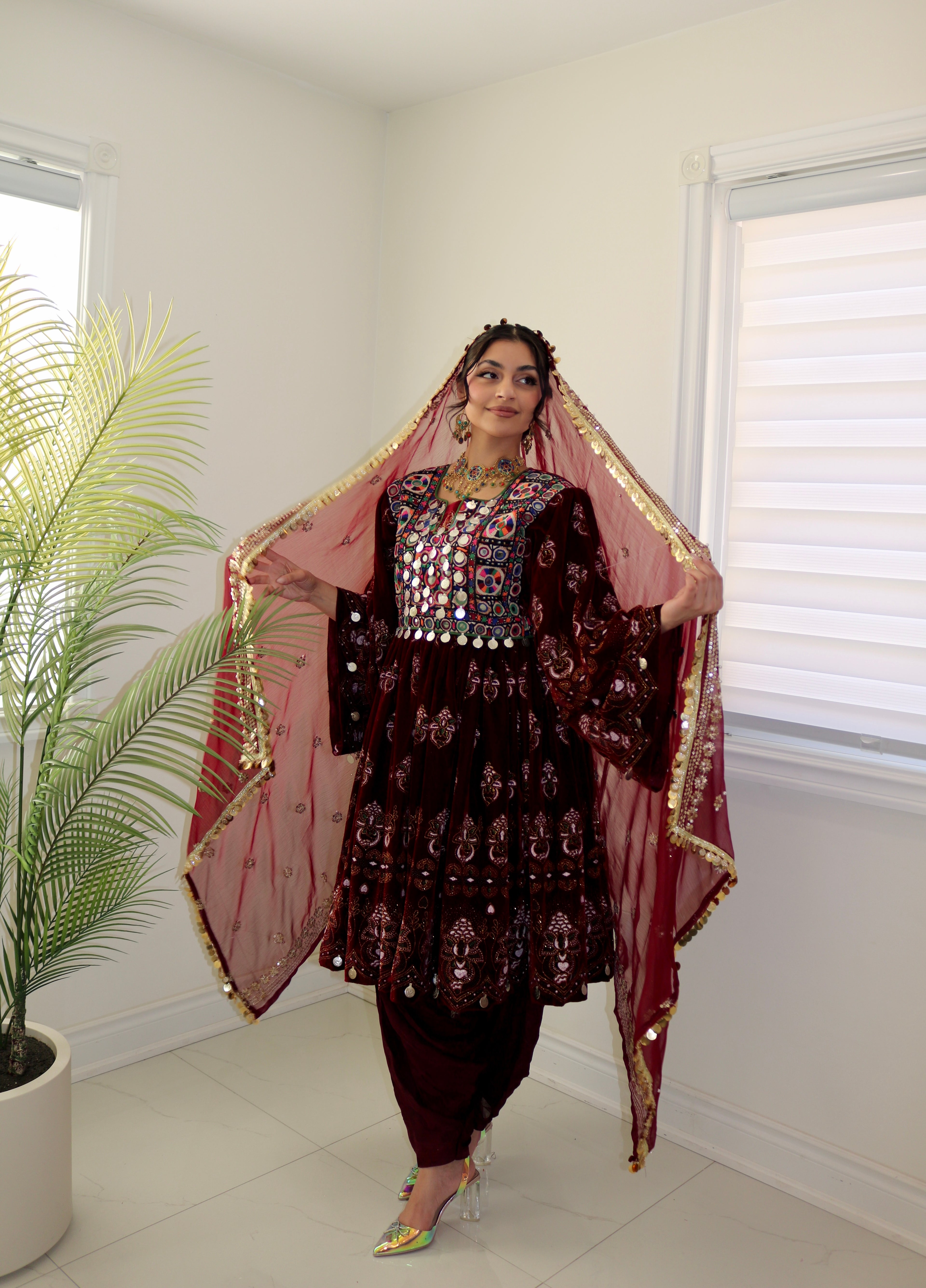 Wahida Afghan Kuchi Dress (maroon)