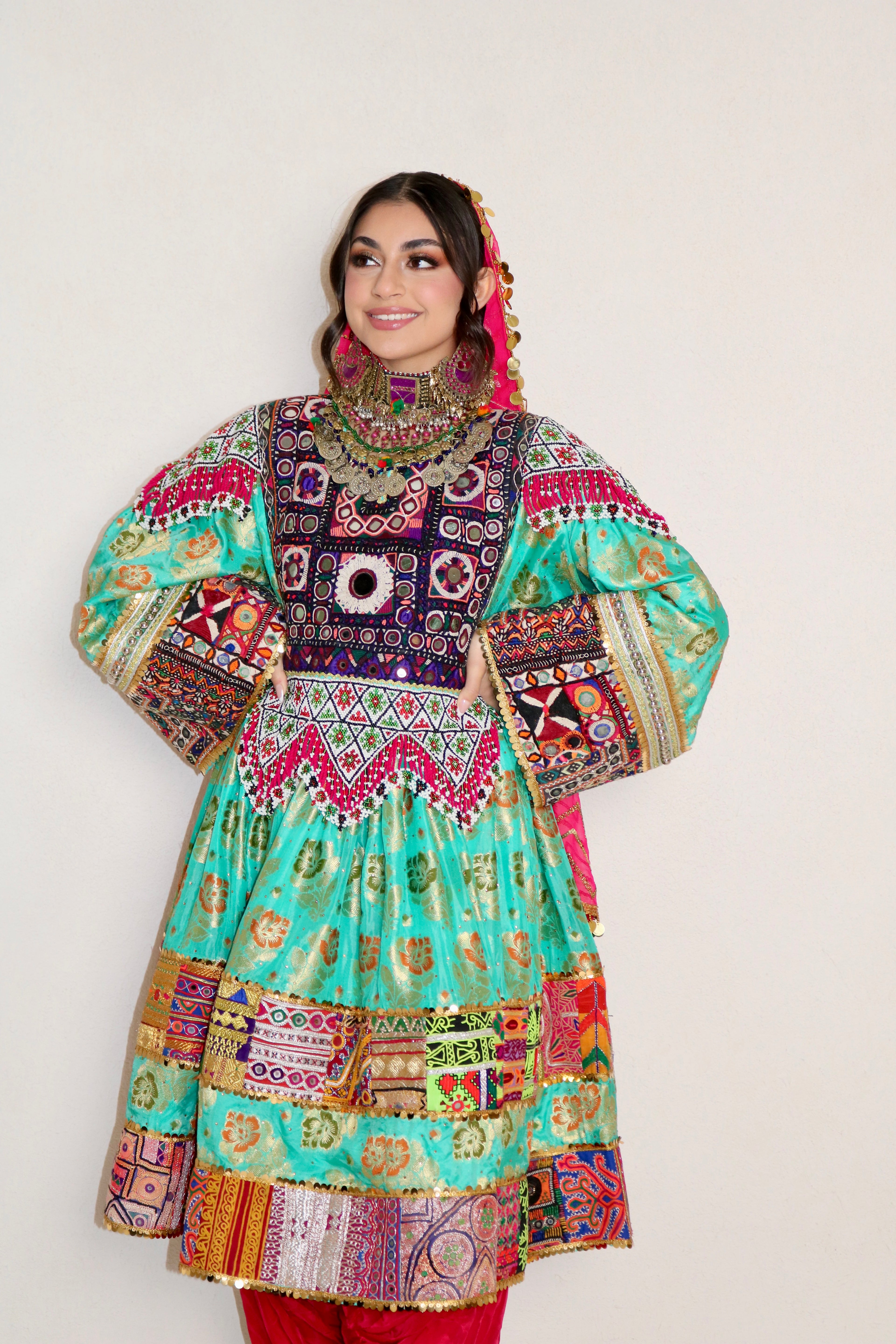 Palwasha Afghan Kuchi Dress (sea green/pink)