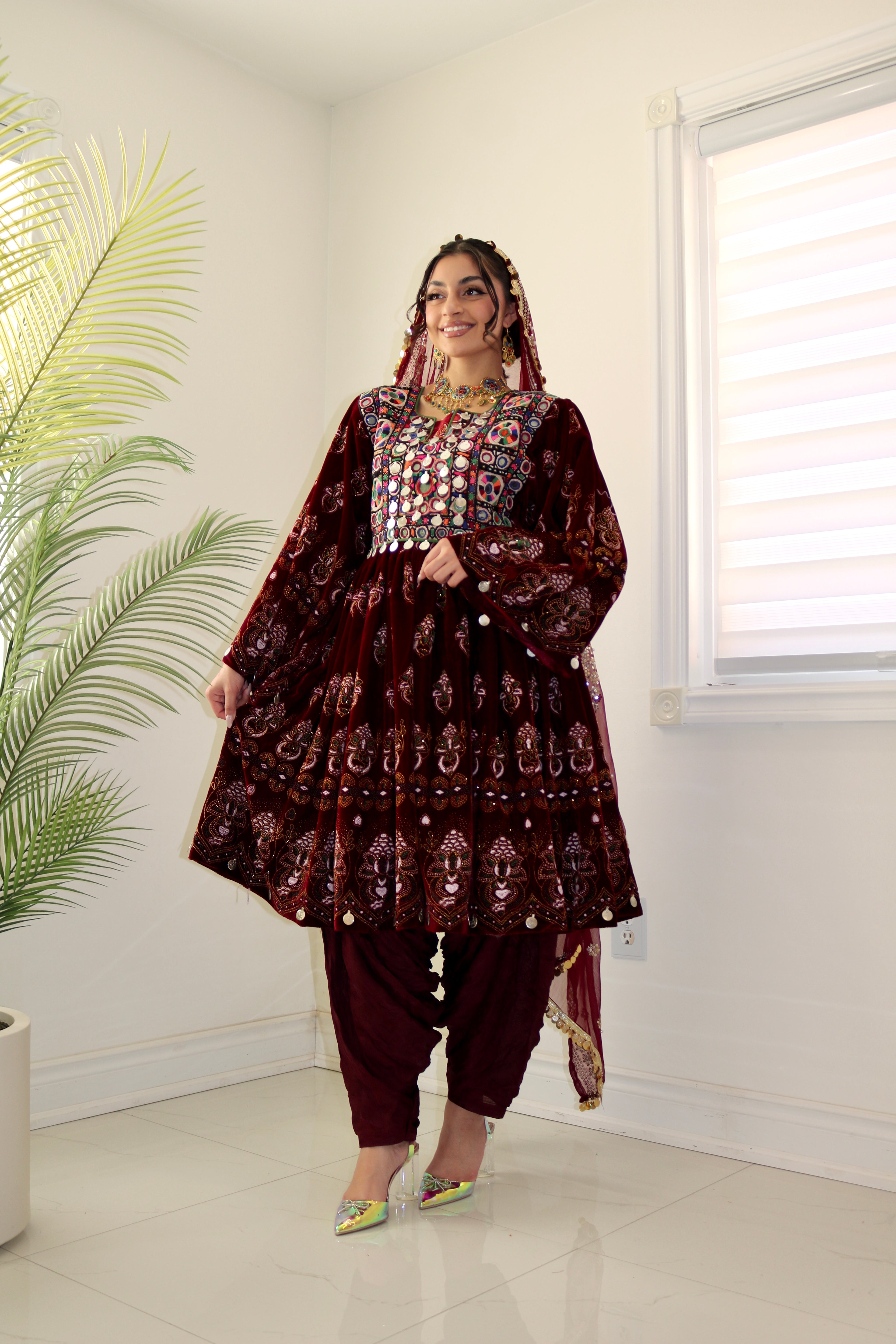 Wahida Afghan Kuchi Dress (maroon)