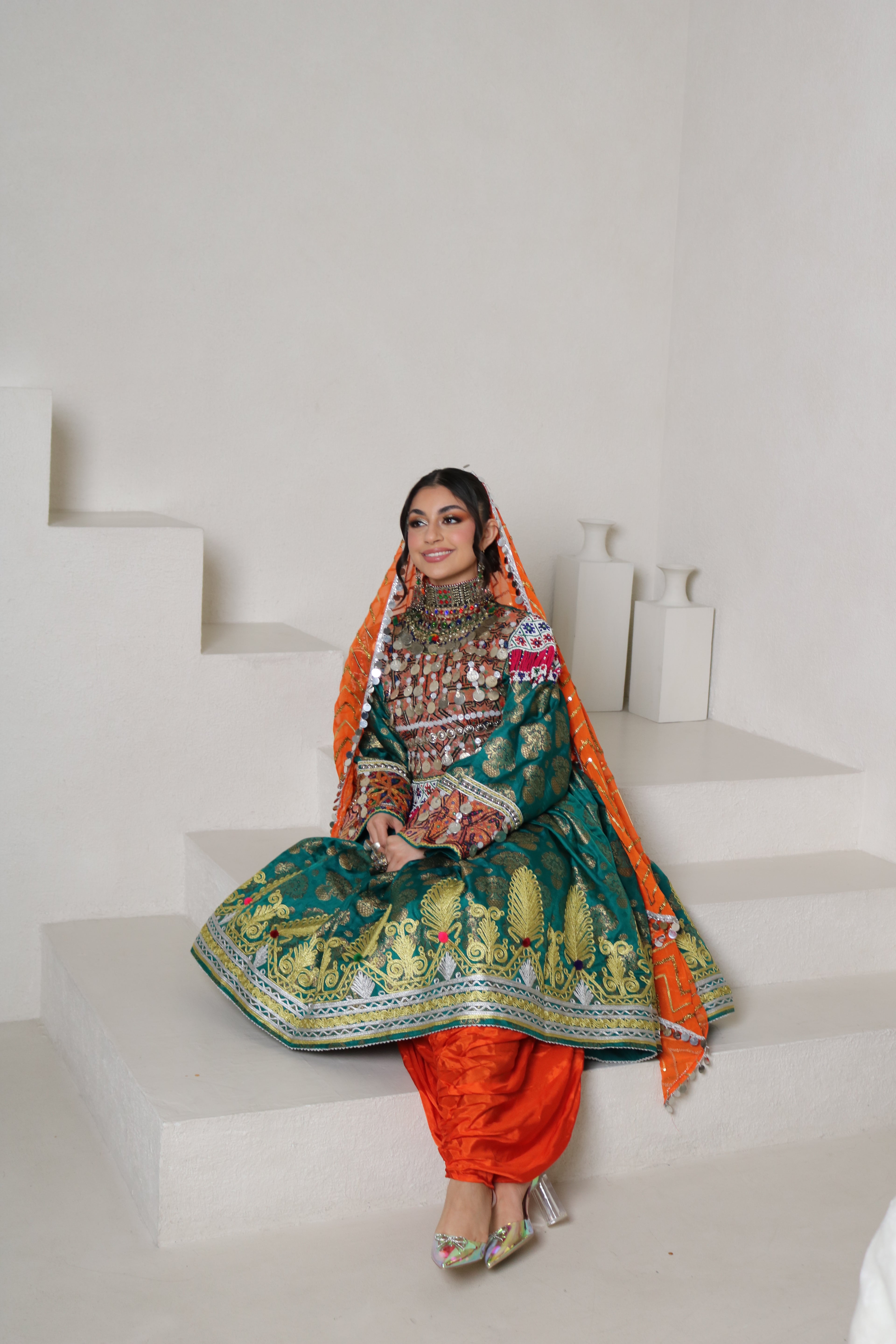 Farzana Afghan Kuchi Dress (sea green/orange)