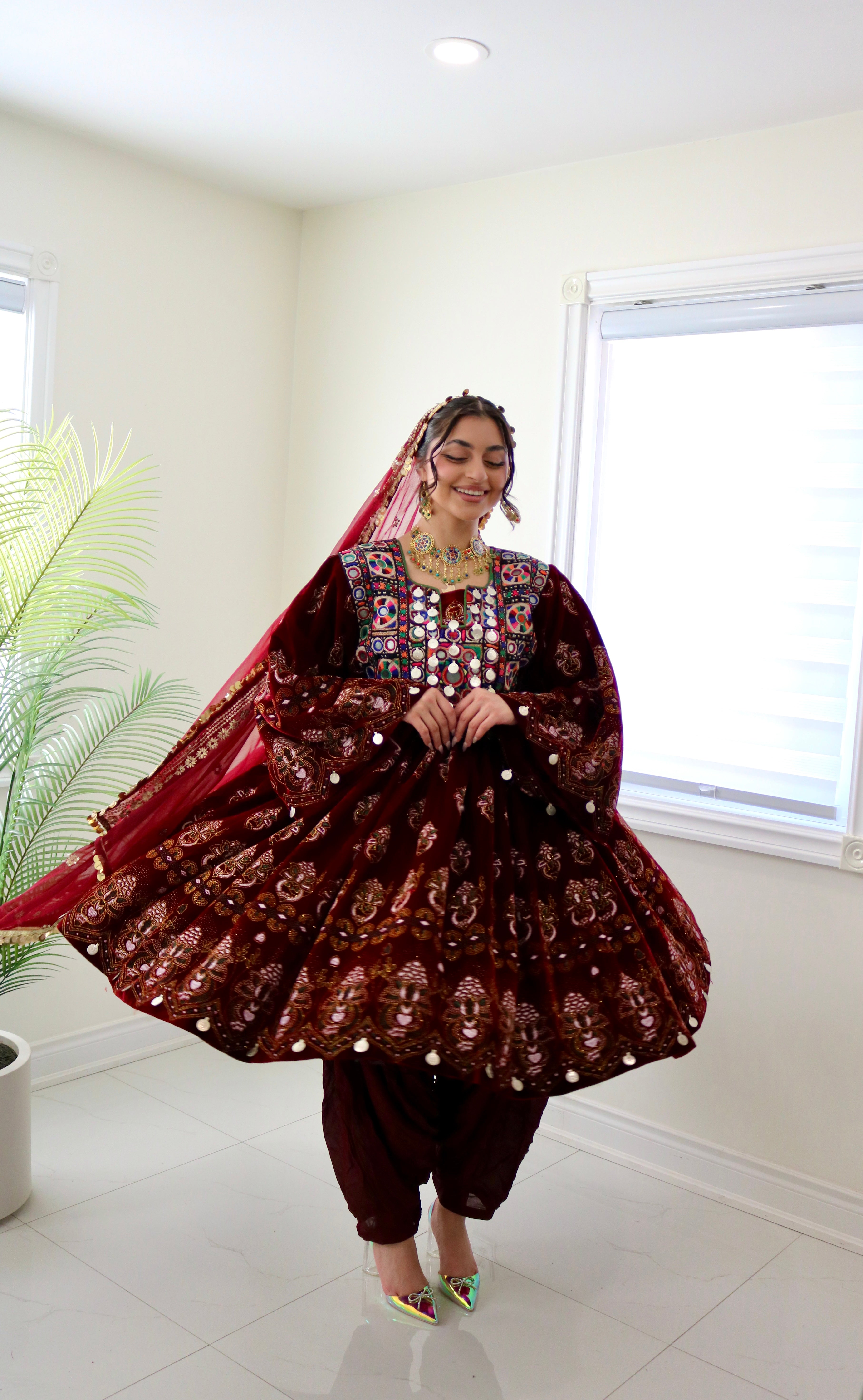 Wahida Afghan Kuchi Dress (maroon)