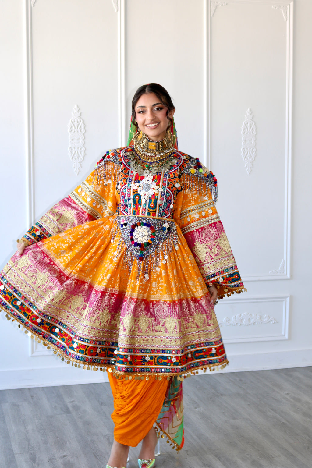 Fazila Afghan Kuchi Dress (pink/ yellow)