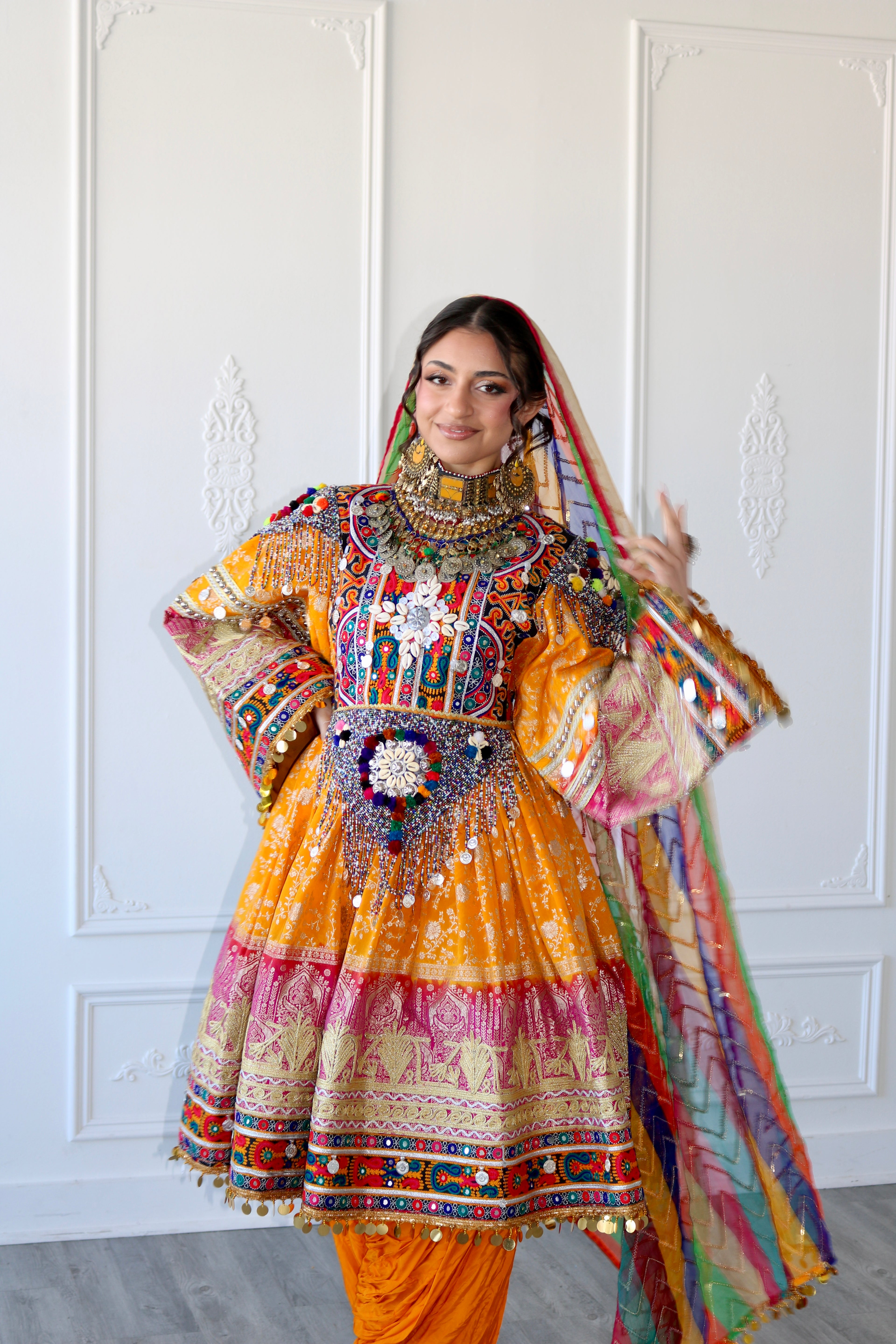 Fazila Afghan Kuchi Dress (pink/ yellow)