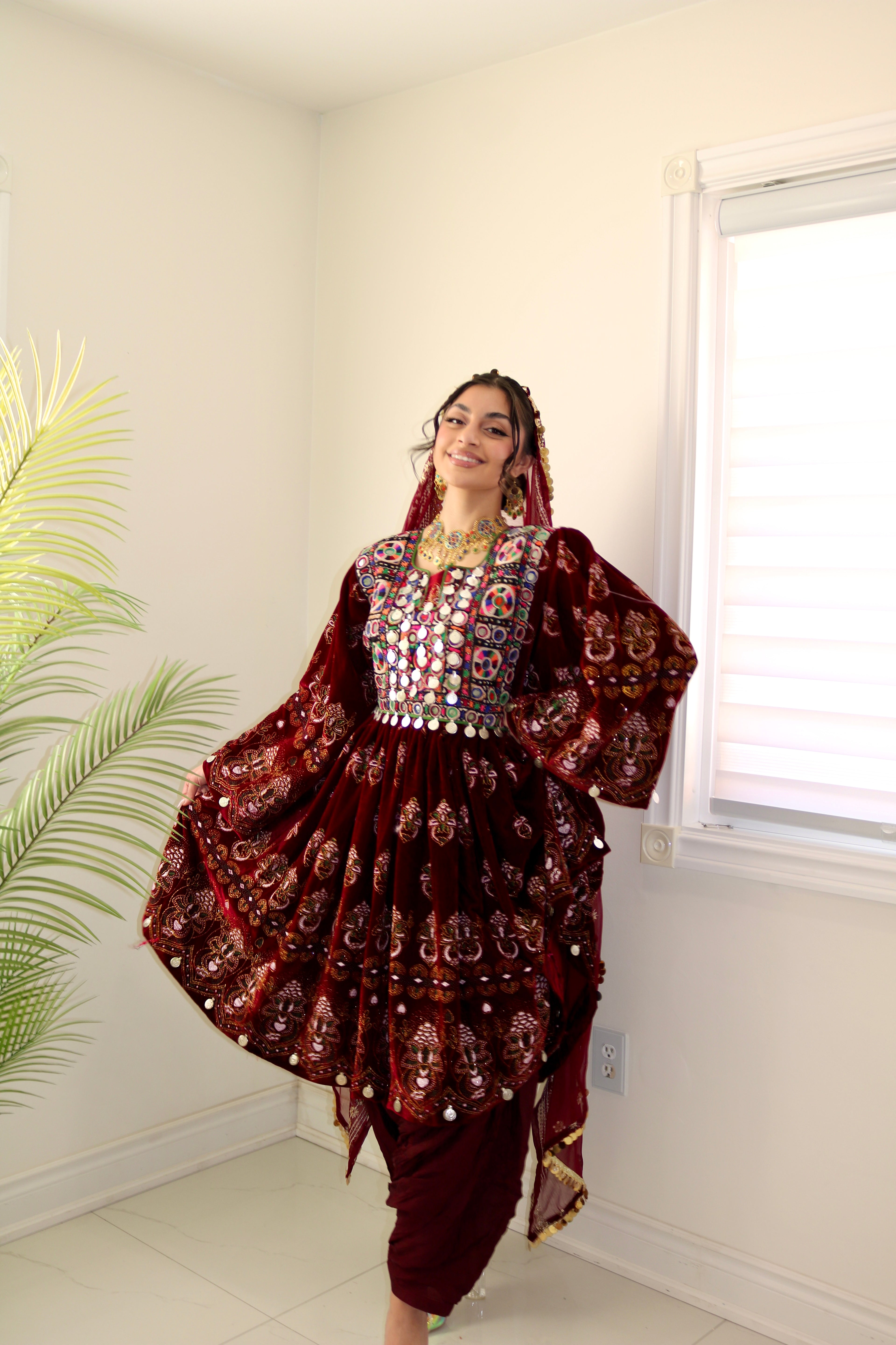 Wahida Afghan Kuchi Dress (maroon)