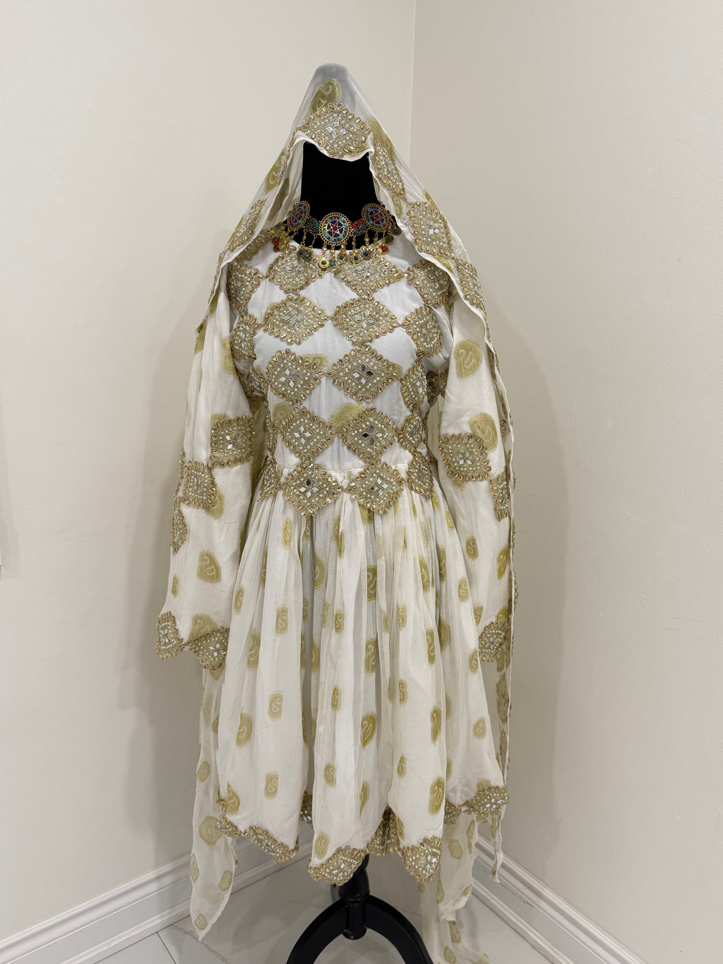 White/gold Afghan Kuchi Dress