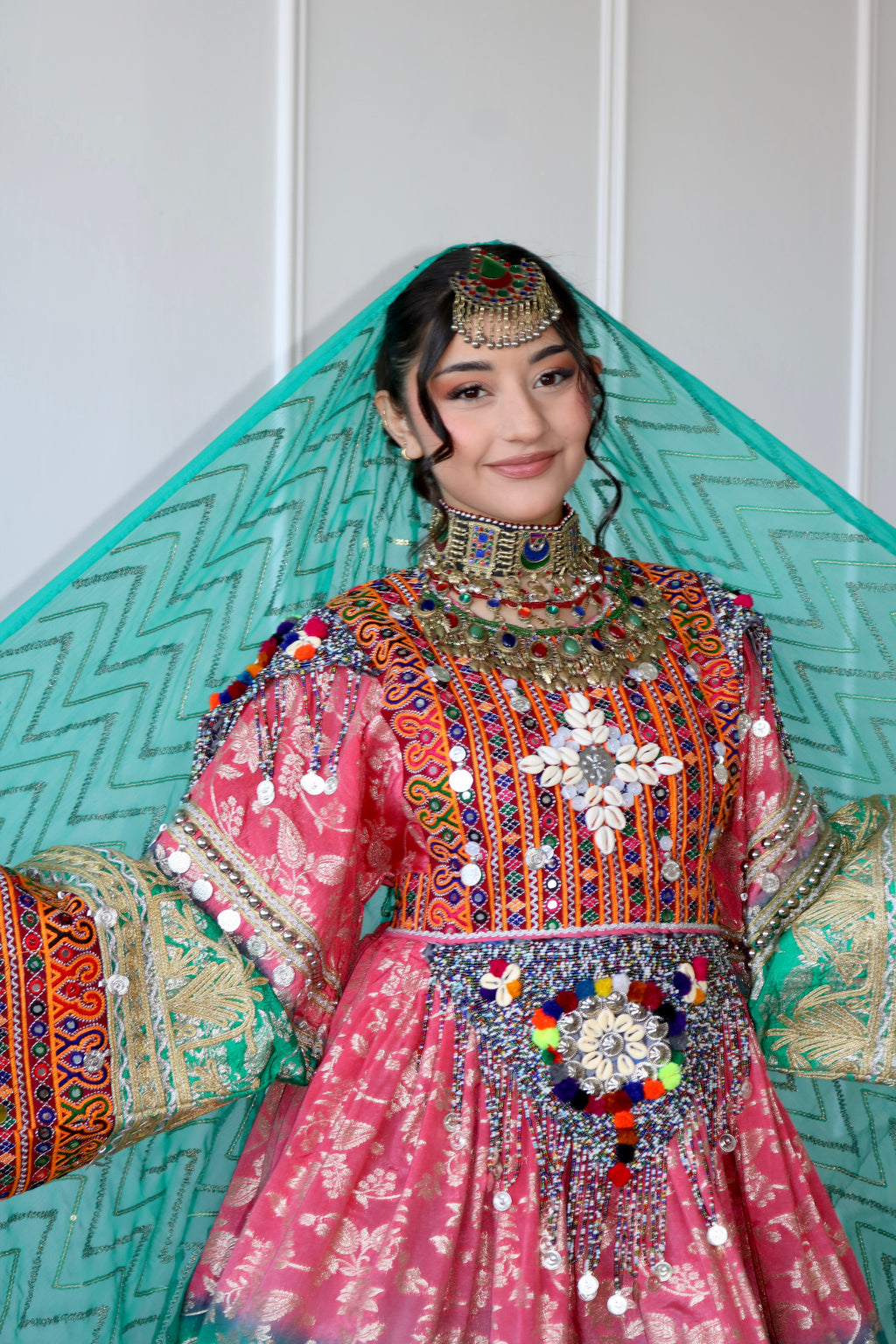 Afghan Kuchi Dress (pink/ sea green)