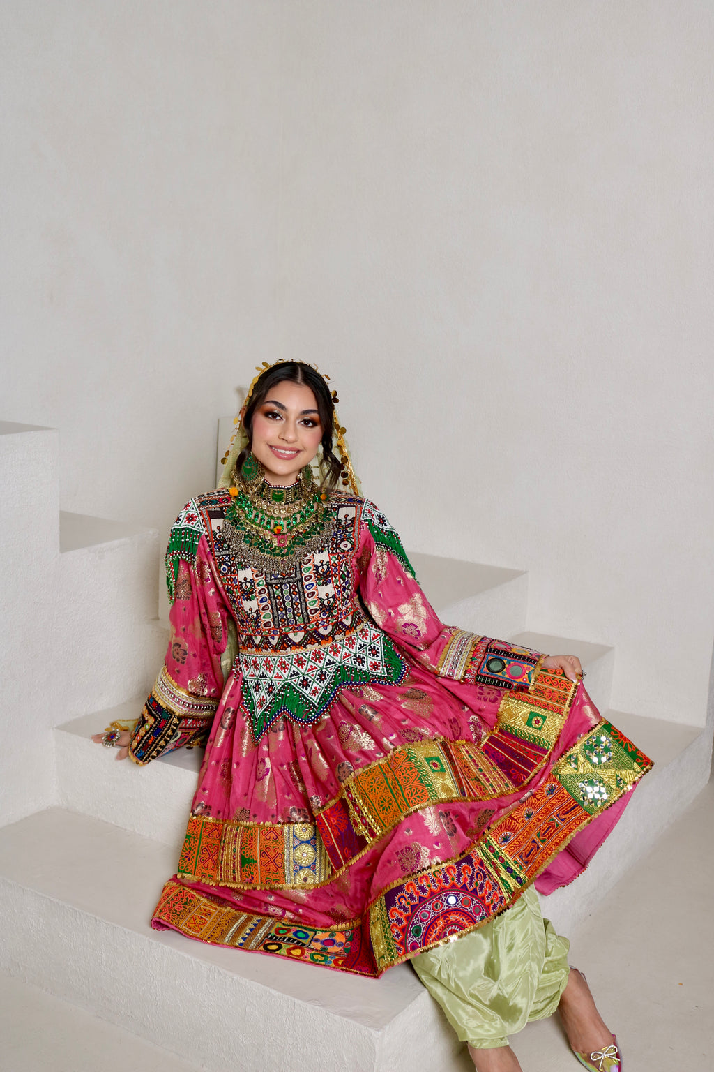 Palwasha Afghan Kuchi Dress (pink/mint green)