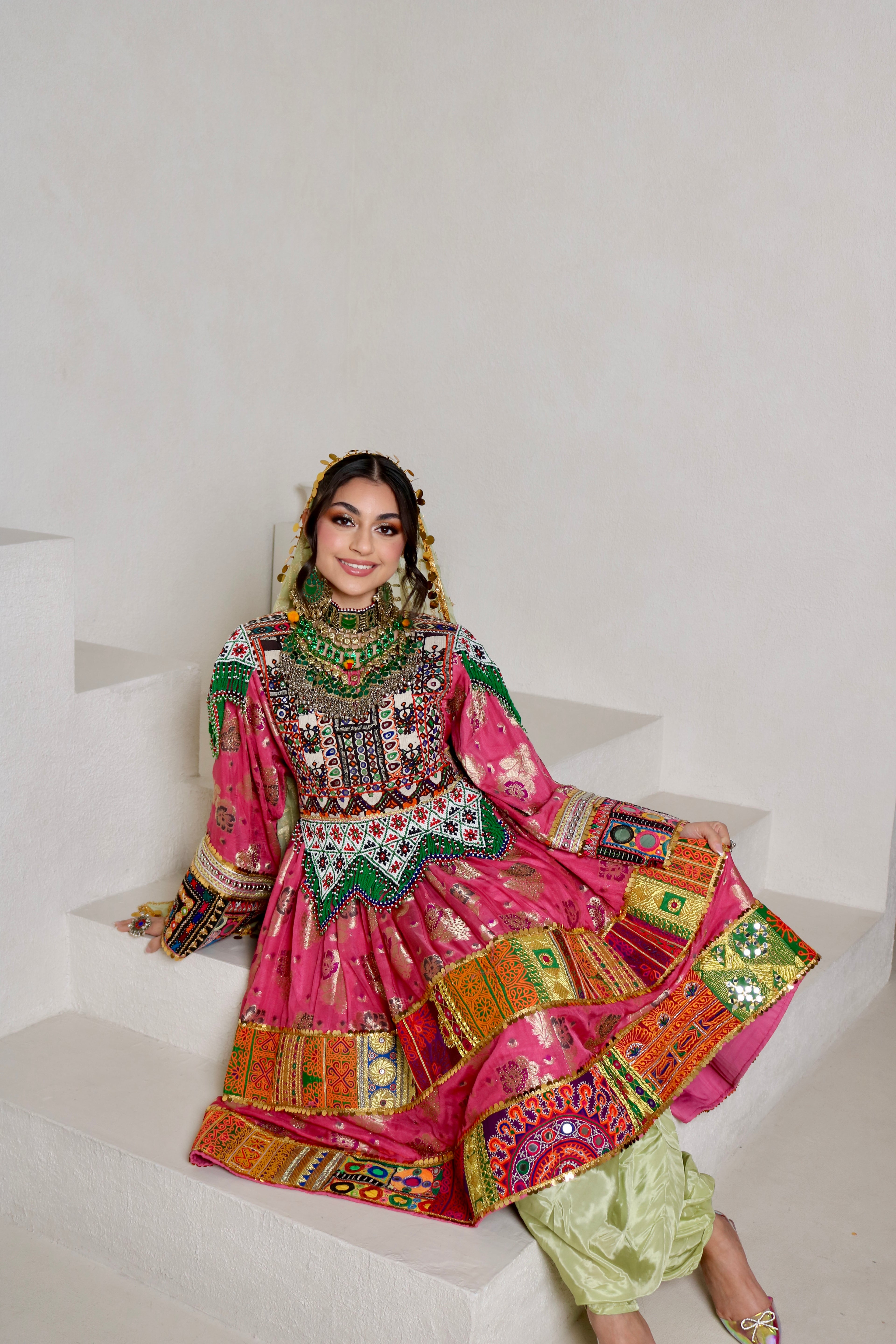 Palwasha Afghan Kuchi Dress (pink/mint green)