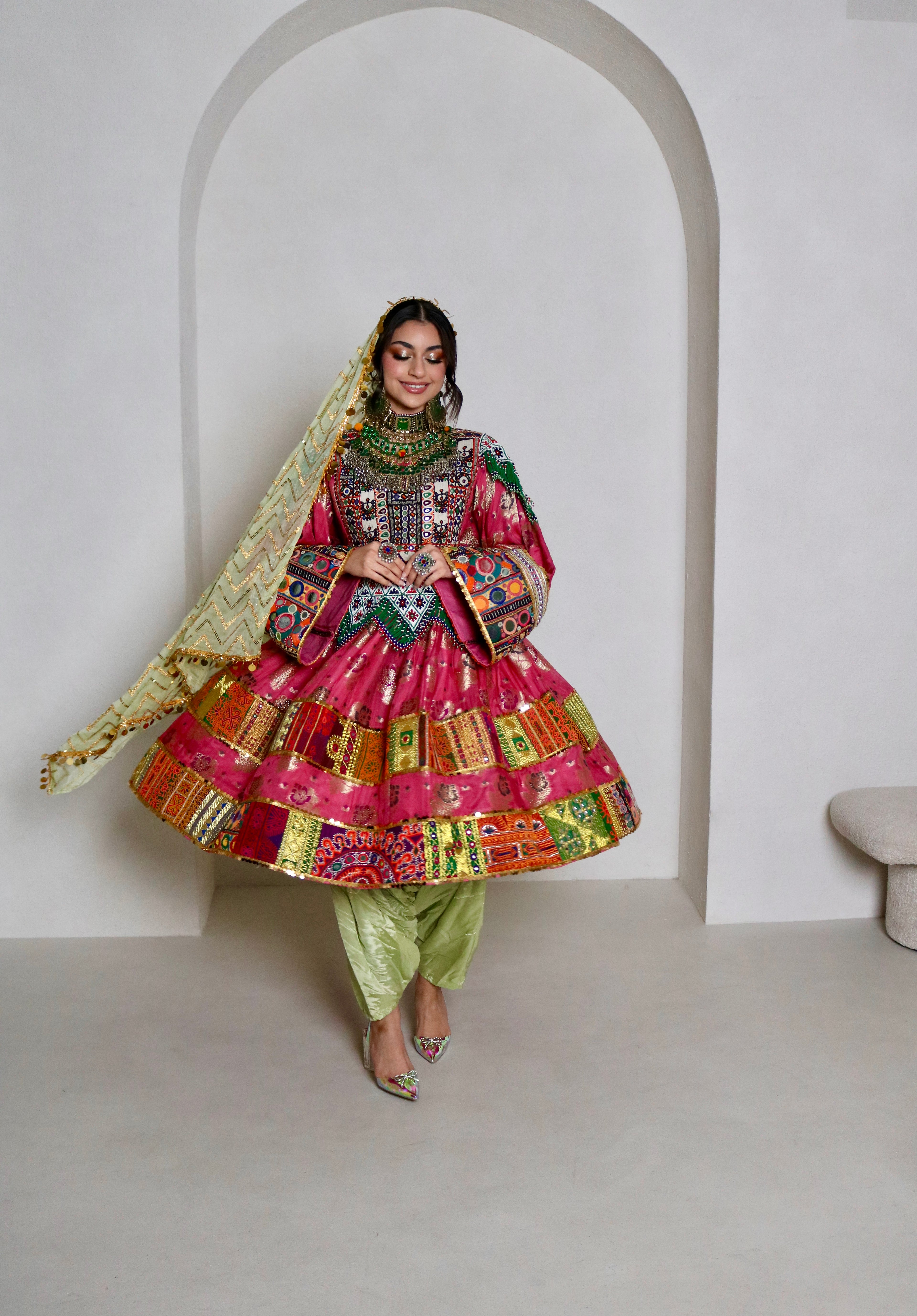 Palwasha Afghan Kuchi Dress (pink/mint green)