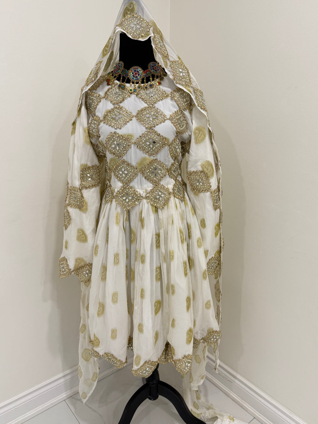 White/gold Afghan Kuchi Dress