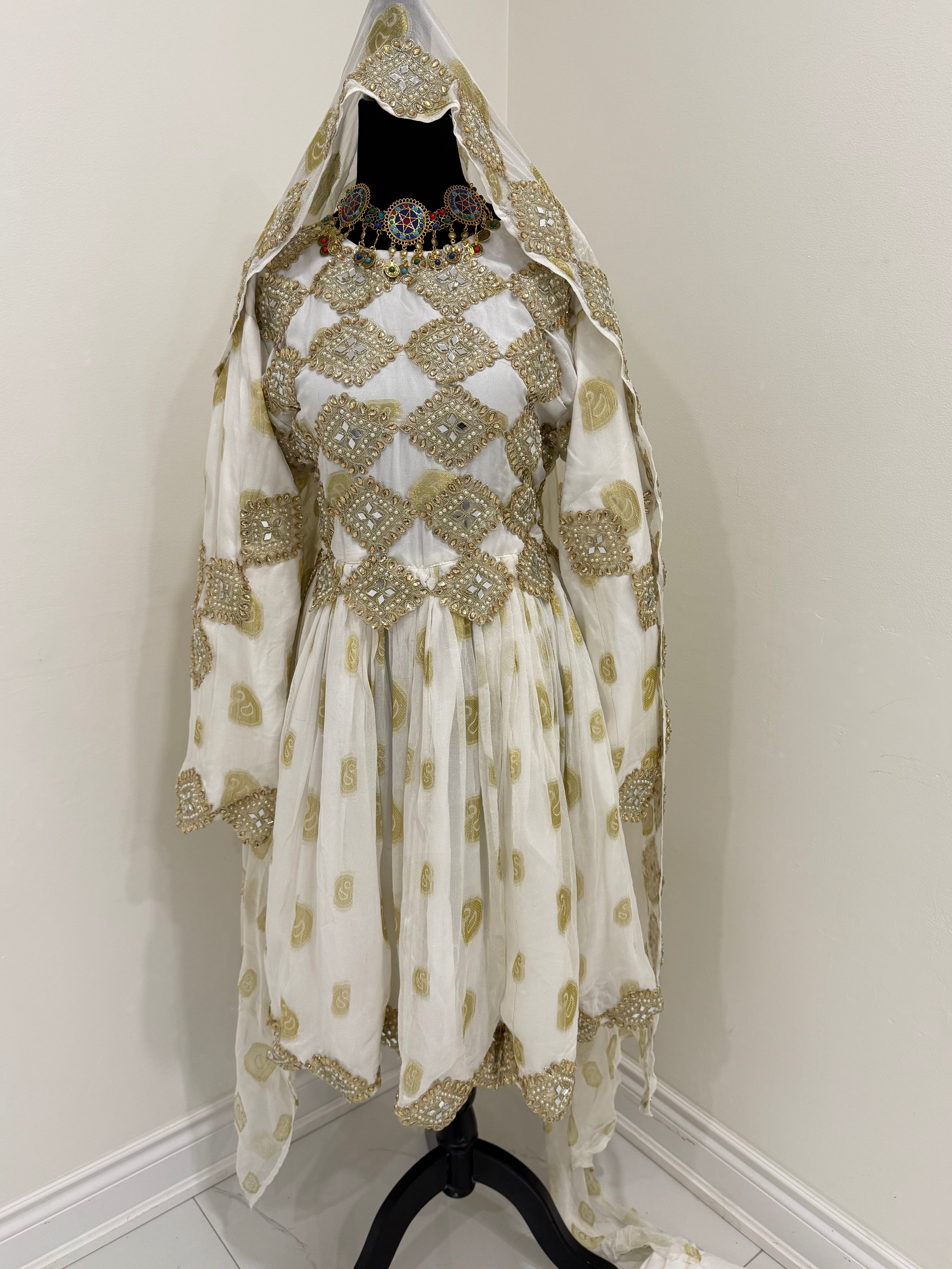 White/gold Afghan Kuchi Dress