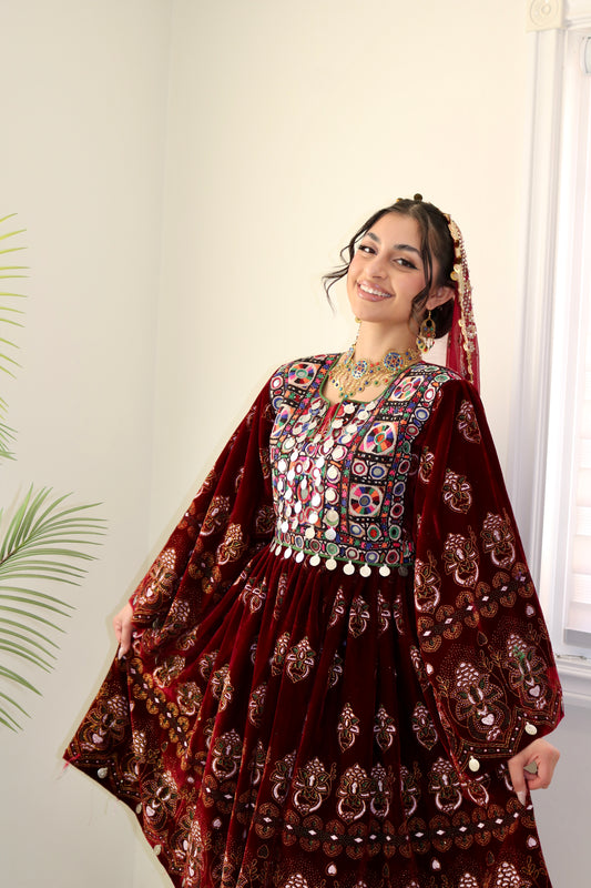 Wahida Afghan Kuchi Dress (maroon)