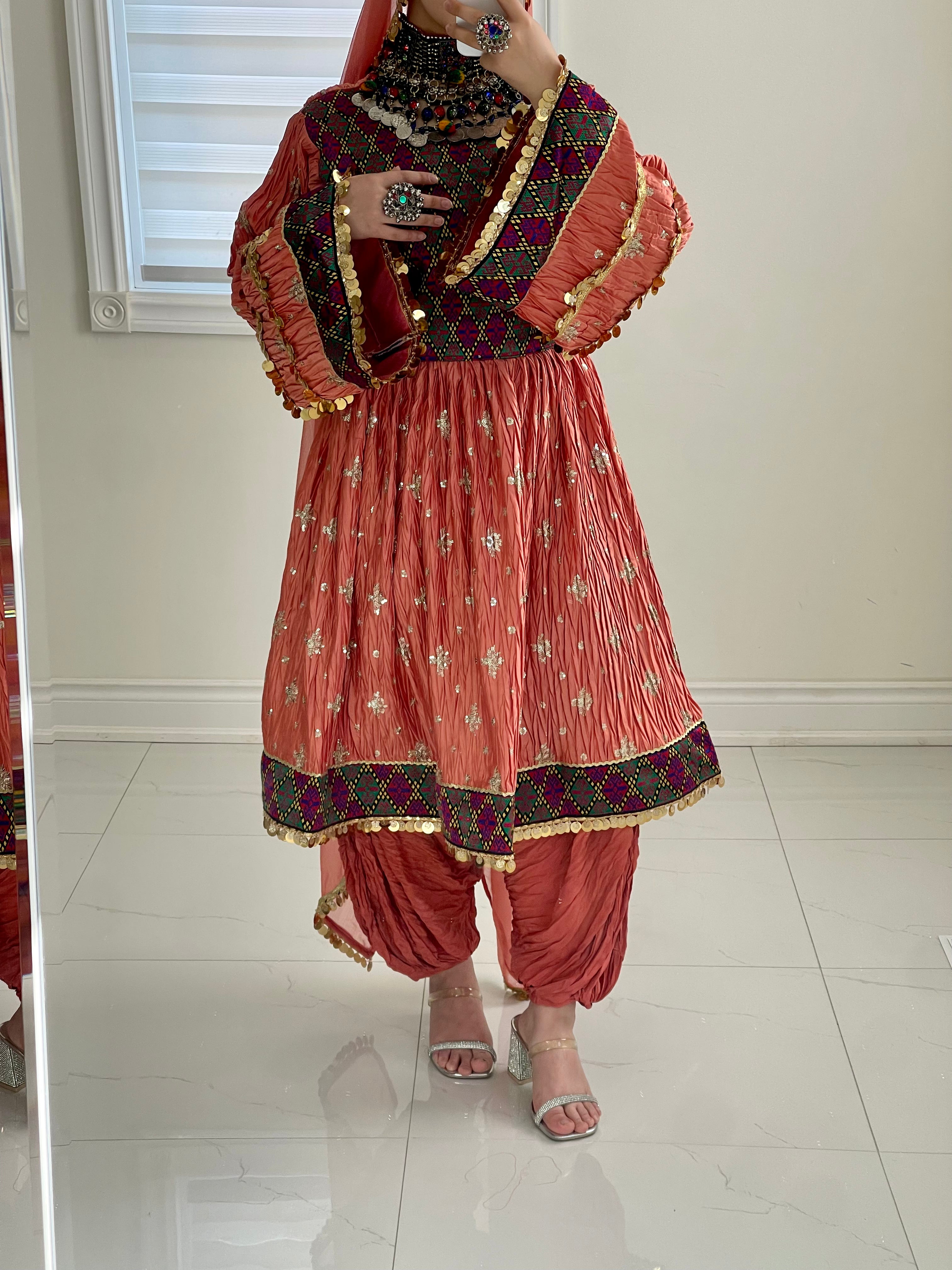 Marwa Afghan Kuchi Dress (Peach)