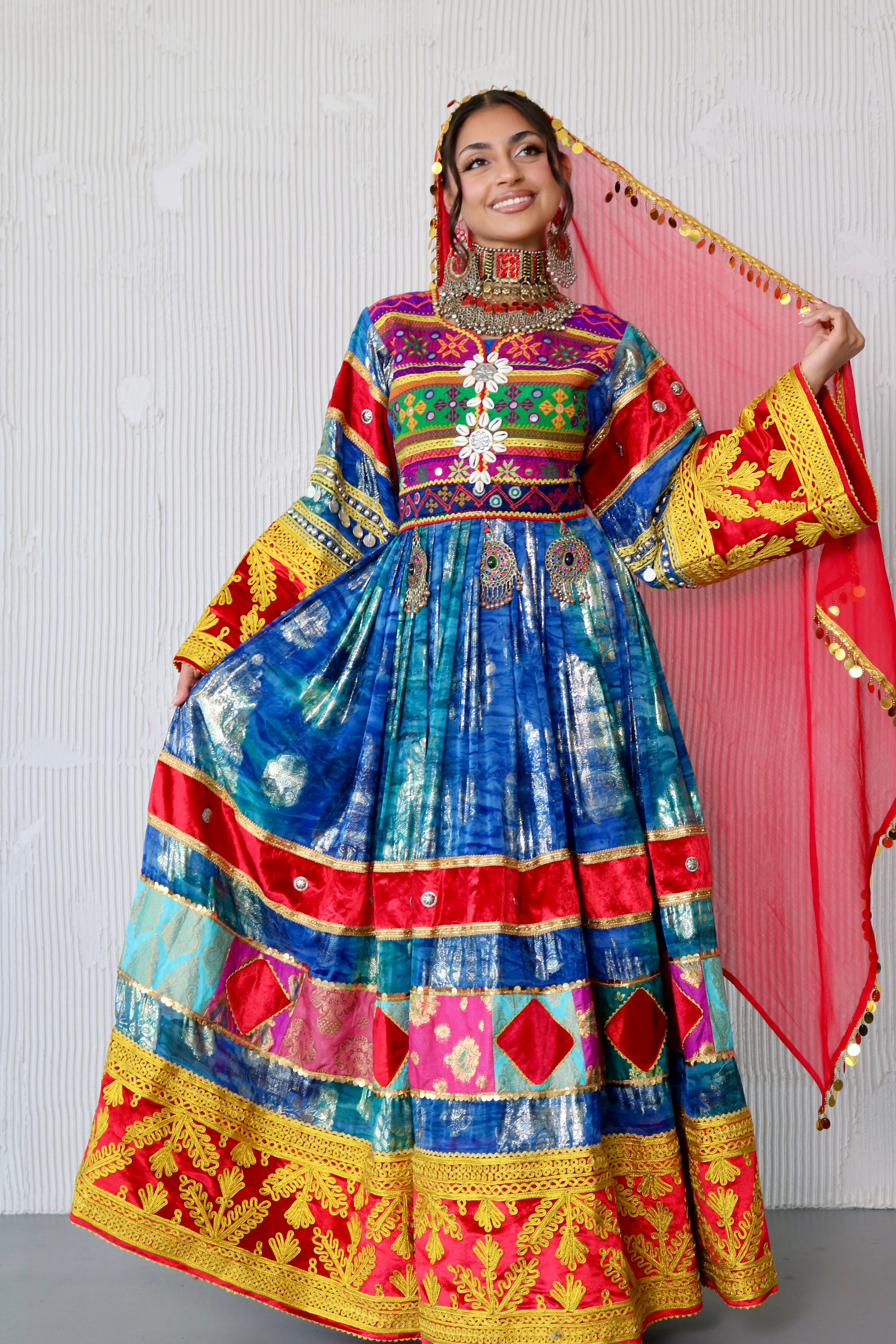 Layma Afghan Kuchi Dress(red/blue)