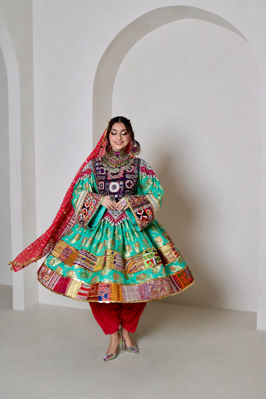Palwasha Afghan Kuchi Dress (sea green/pink)