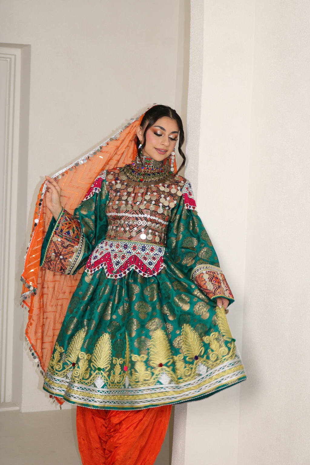 Farzana Afghan Kuchi Dress (sea green/orange)