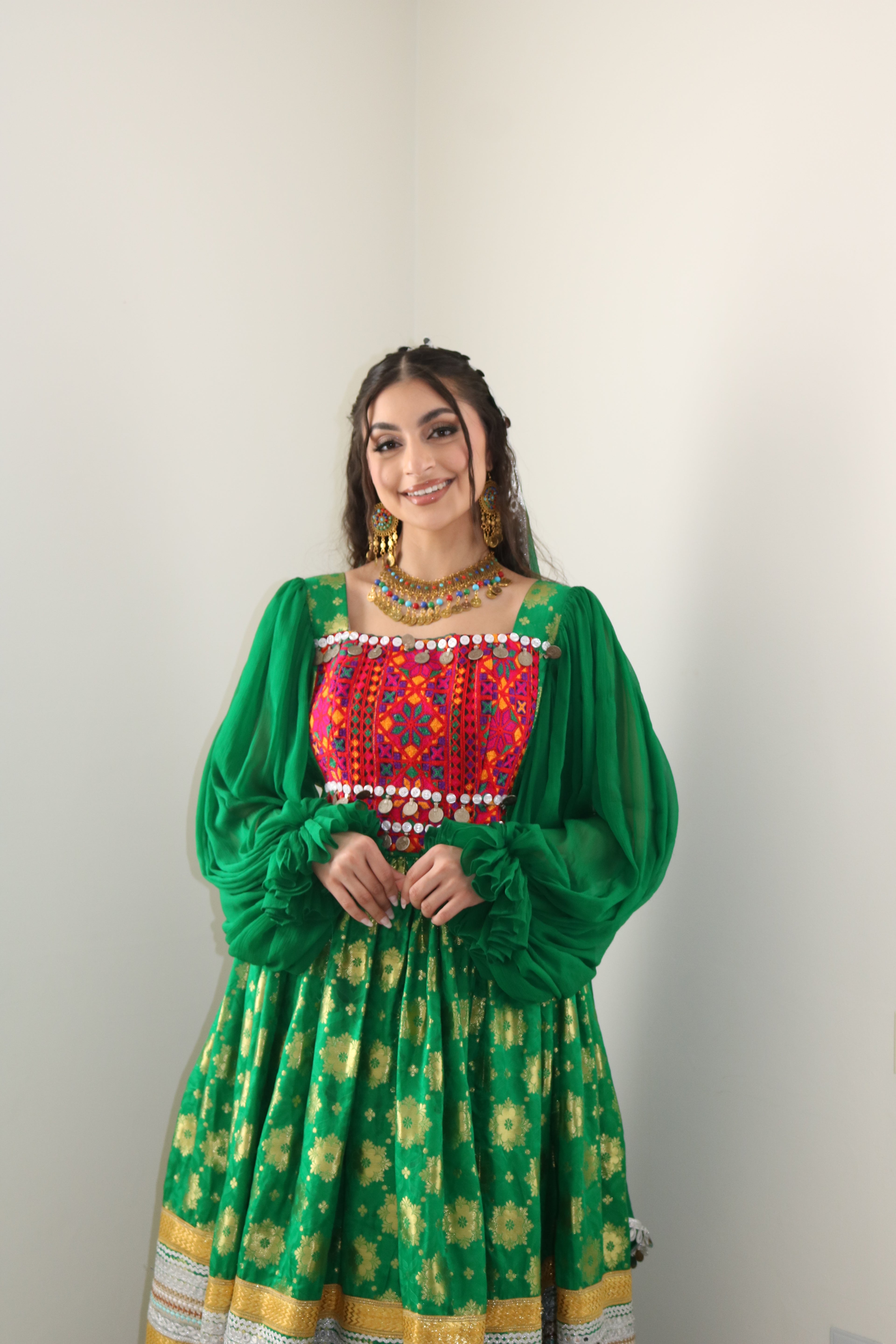 Nelofar Afghan Kuchi Dress- green