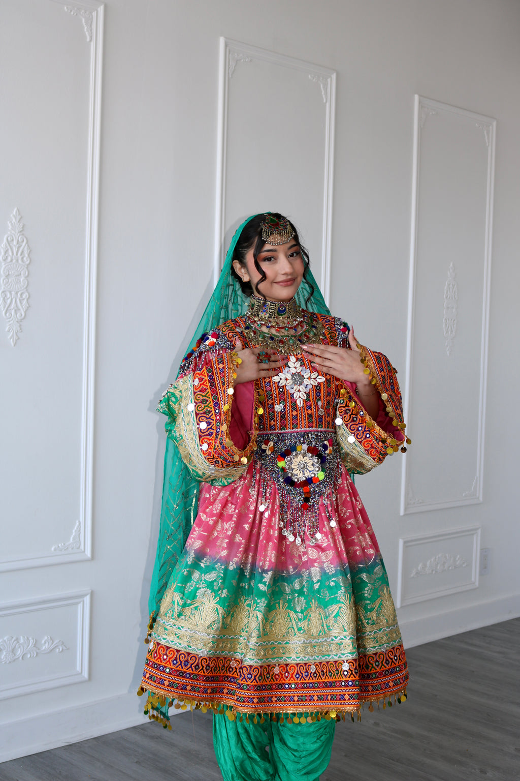 Afghan Kuchi Dress (pink/ sea green)