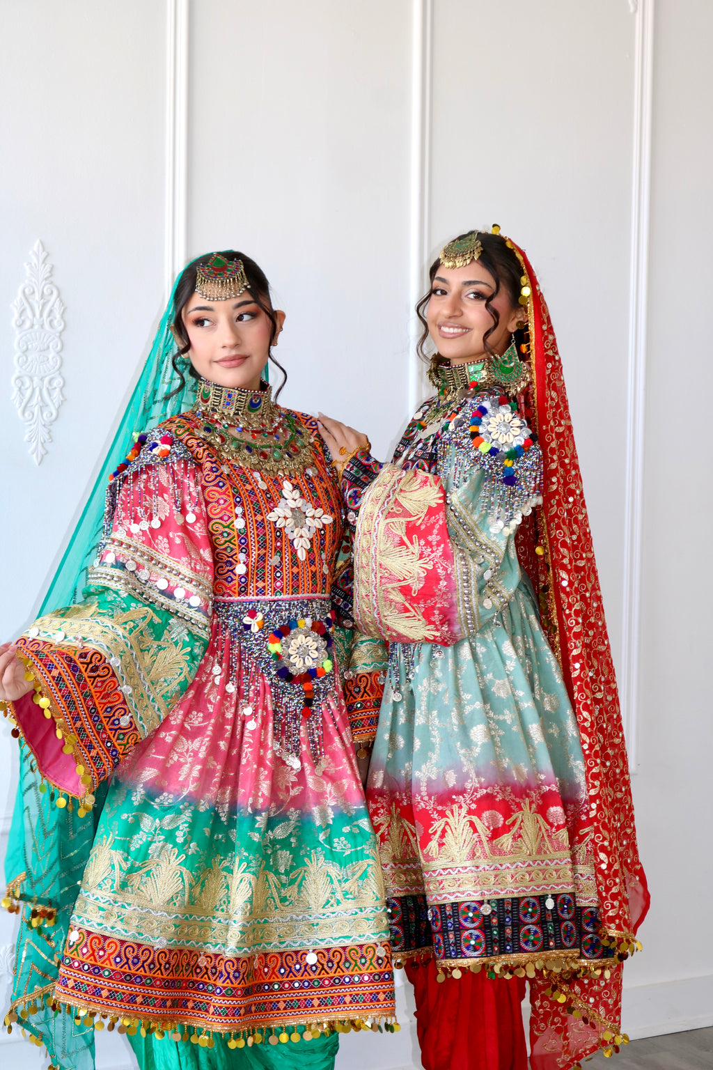 Afghan Kuchi Dress (pink/ sea green)