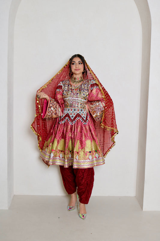 Farzana Afghan Kuchi Dress (pink/maroon)