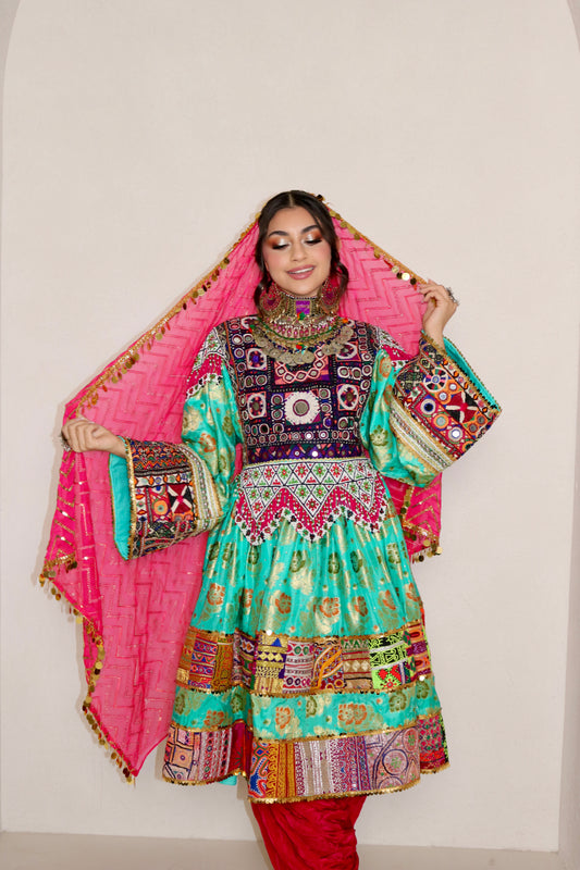 Palwasha Afghan Kuchi Dress (sea green/pink)