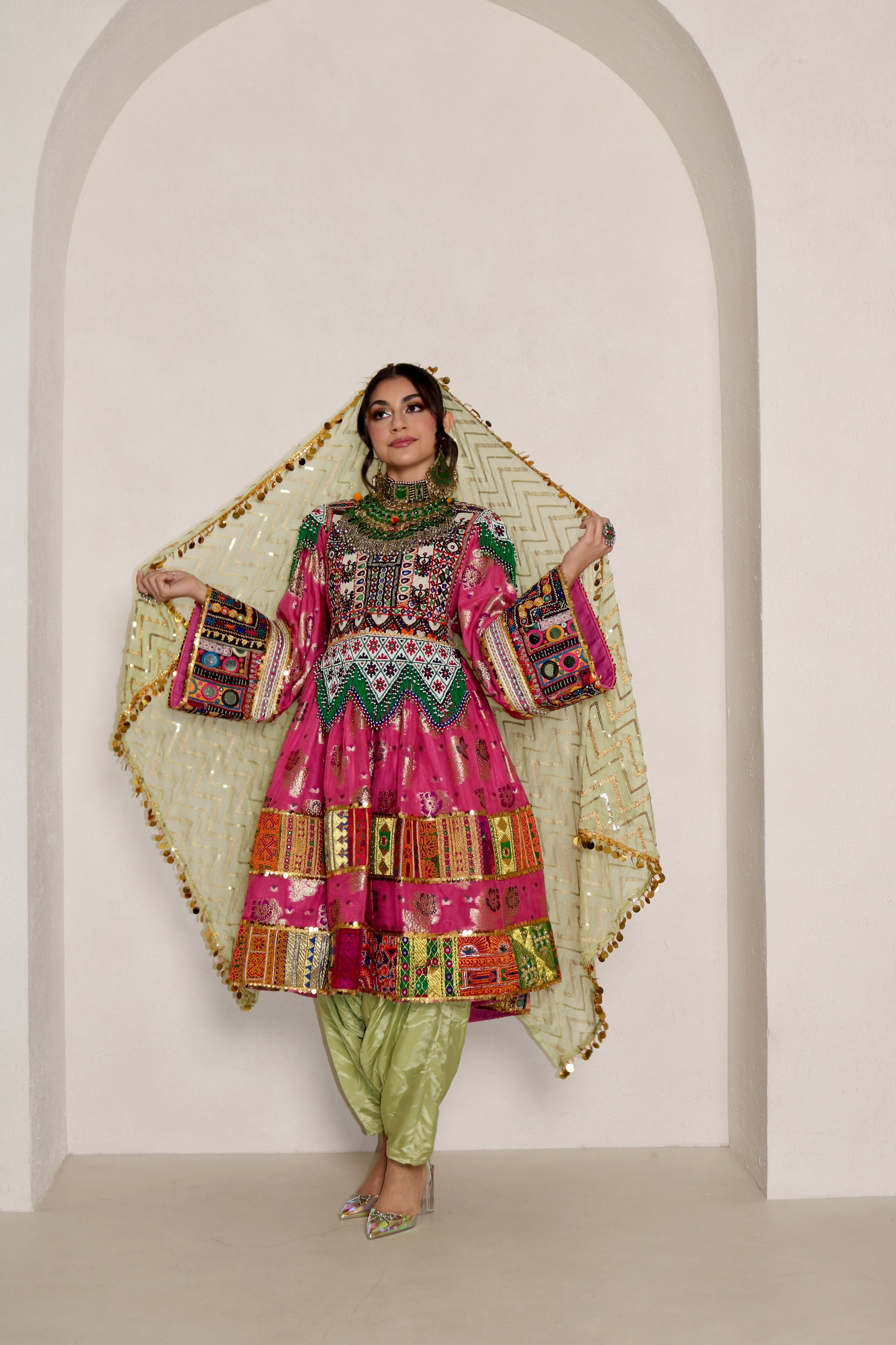 Palwasha Afghan Kuchi Dress (pink/mint green)
