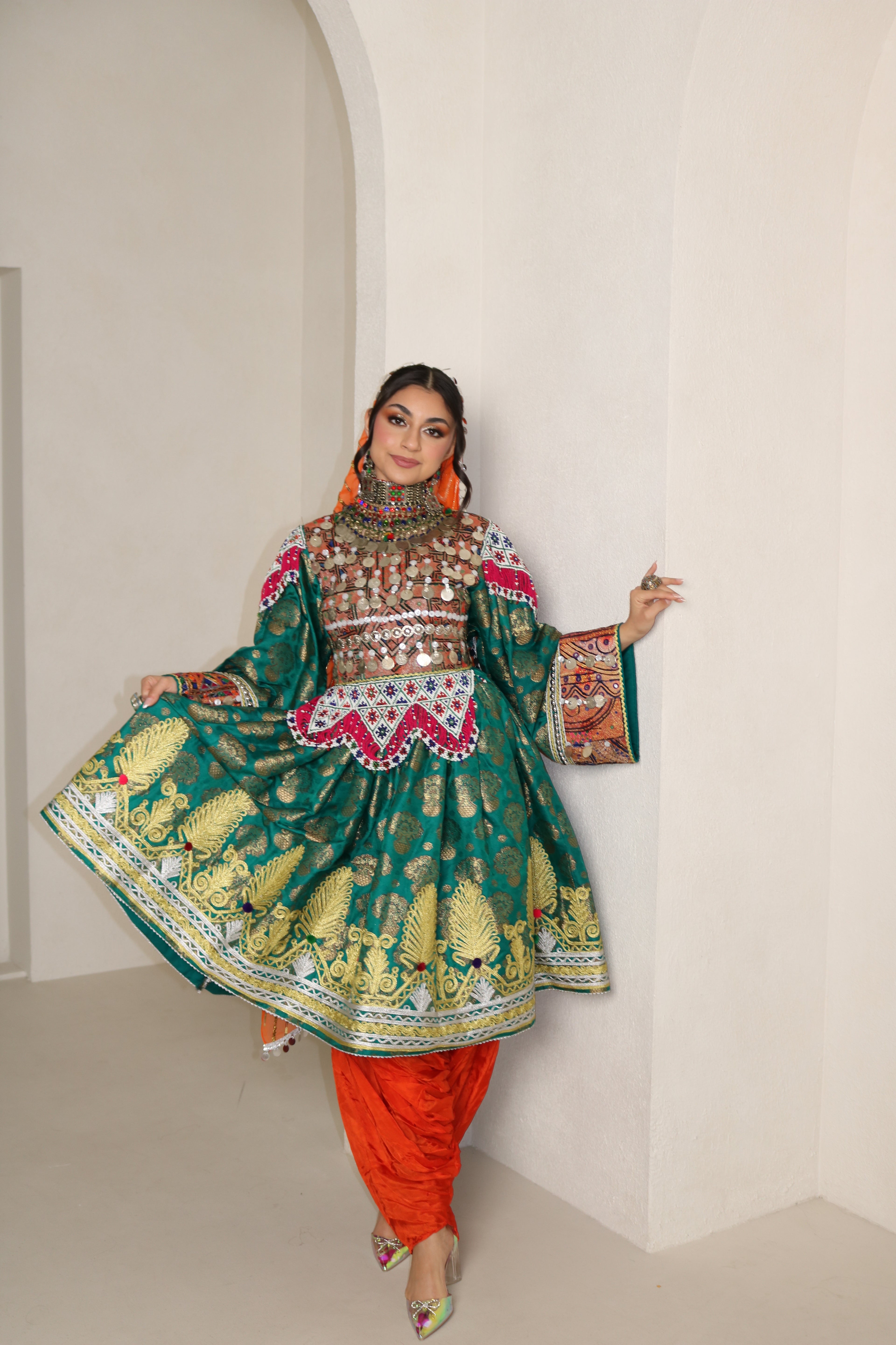 Farzana Afghan Kuchi Dress (sea green/orange)