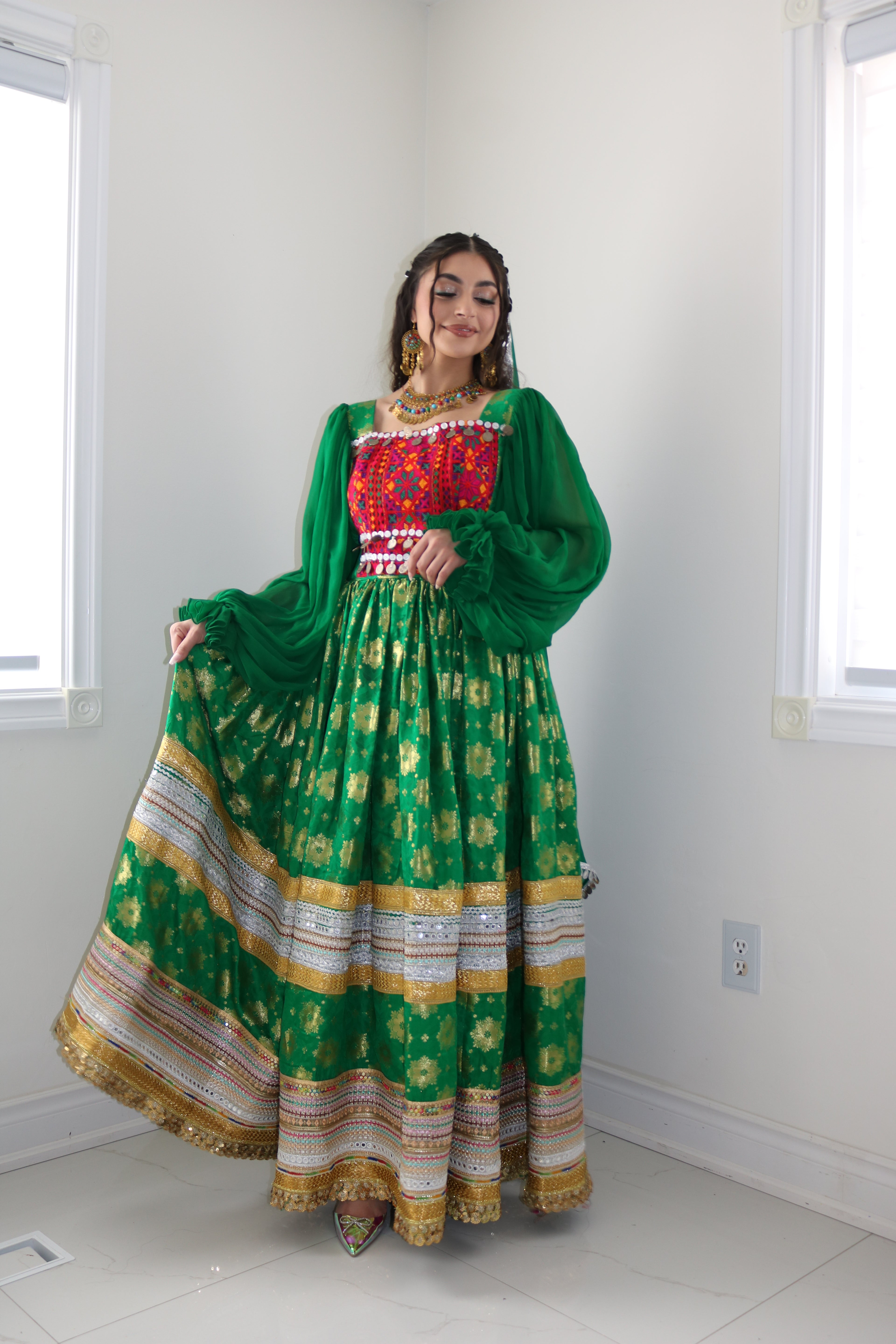 Nelofar Afghan Kuchi Dress- green