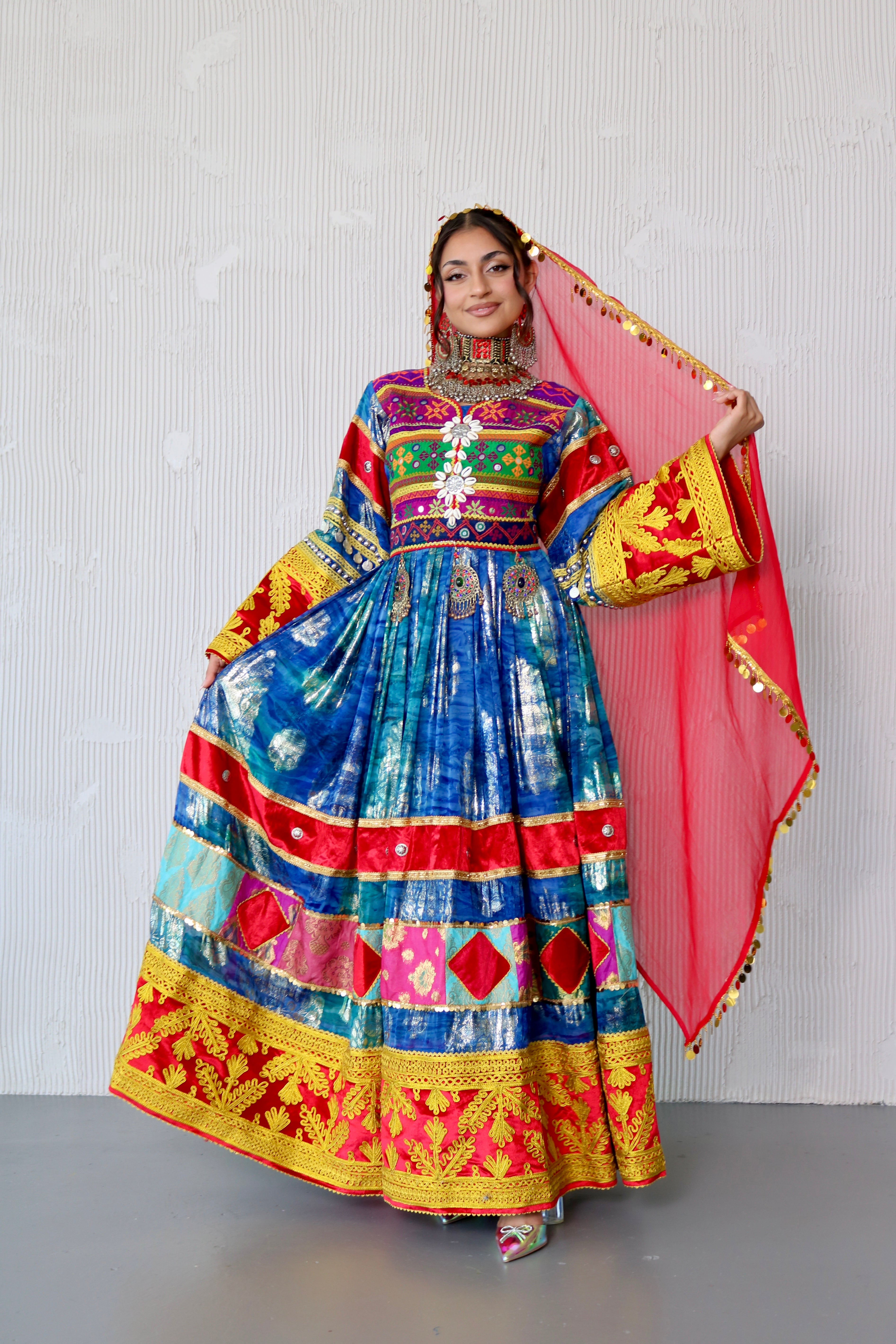 Layma Afghan Kuchi Dress(red/blue)