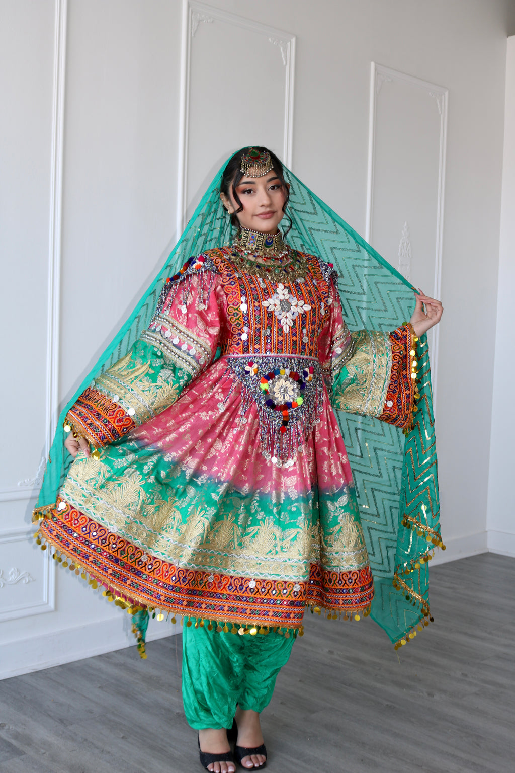 Afghan Kuchi Dress (pink/ sea green)
