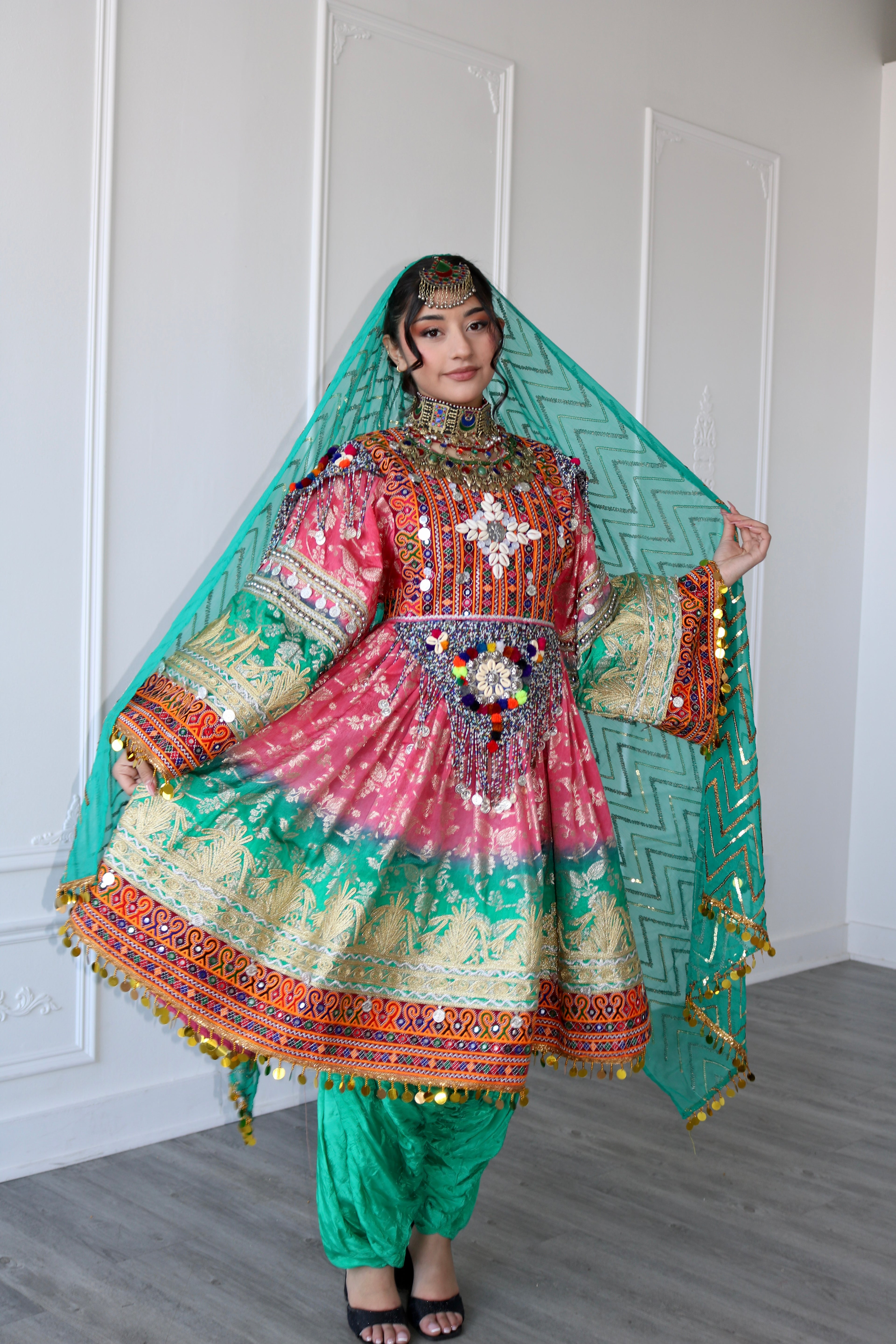 Afghan Kuchi Dress (pink/ sea green)