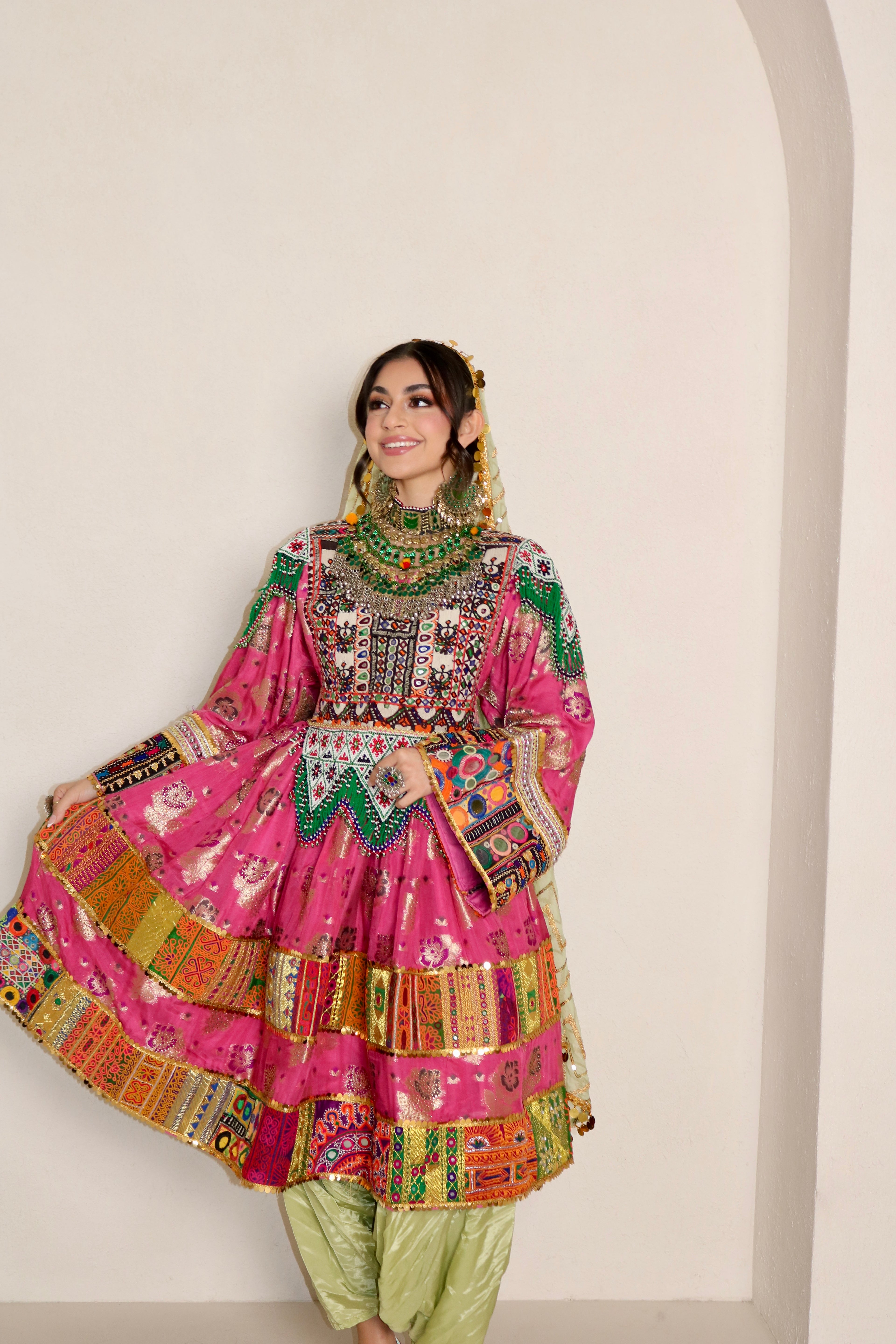 Palwasha Afghan Kuchi Dress (pink/mint green)